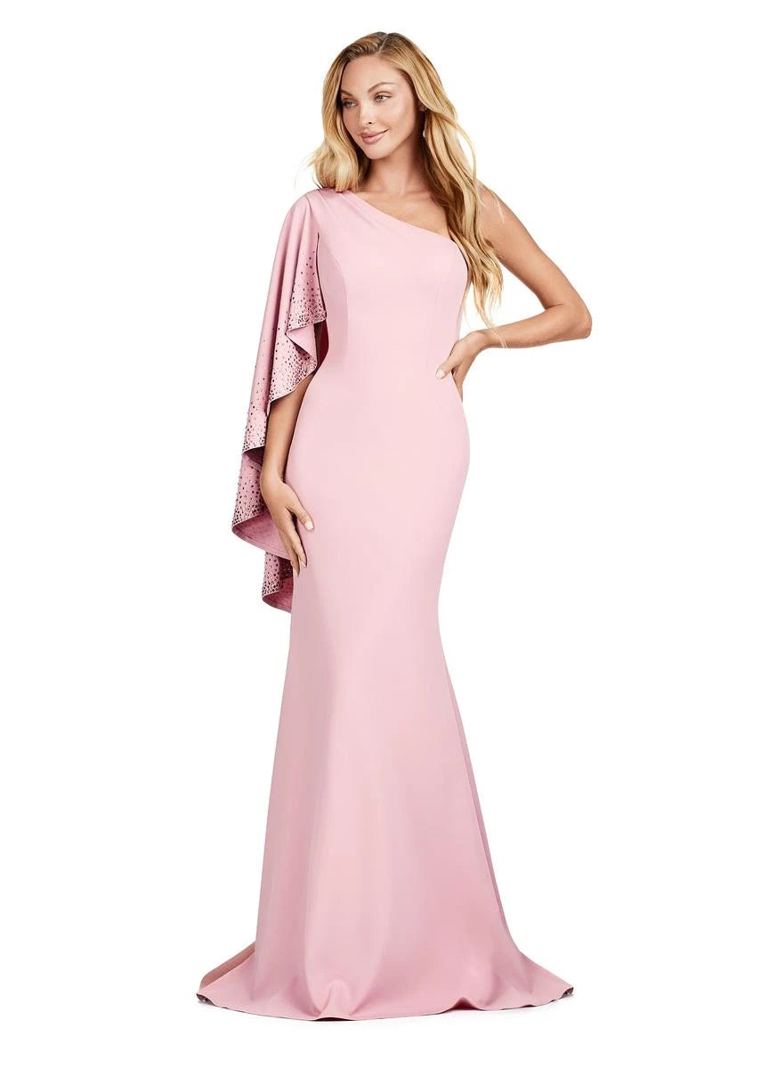 Elegant Mermaid One-Shoulder Cape Sleeve Embellished Blush Pink Floor-Length Prom Gown