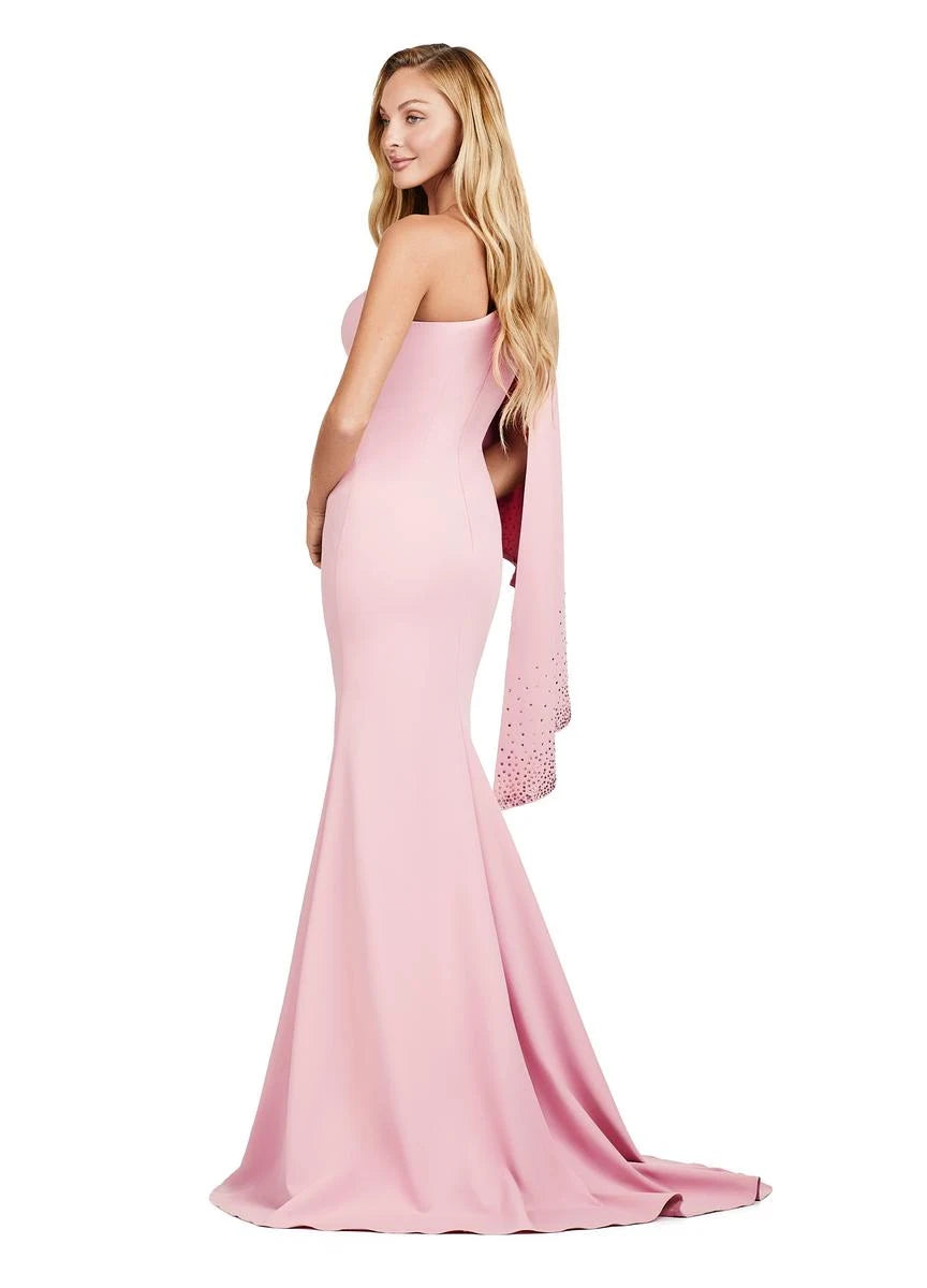Elegant Mermaid One-Shoulder Cape Sleeve Embellished Blush Pink Floor-Length Prom Gown