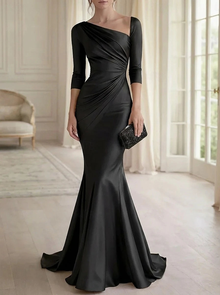 Elegant Mermaid One-Shoulder Draped Black Floor-Length Evening Dresses Women's Gown