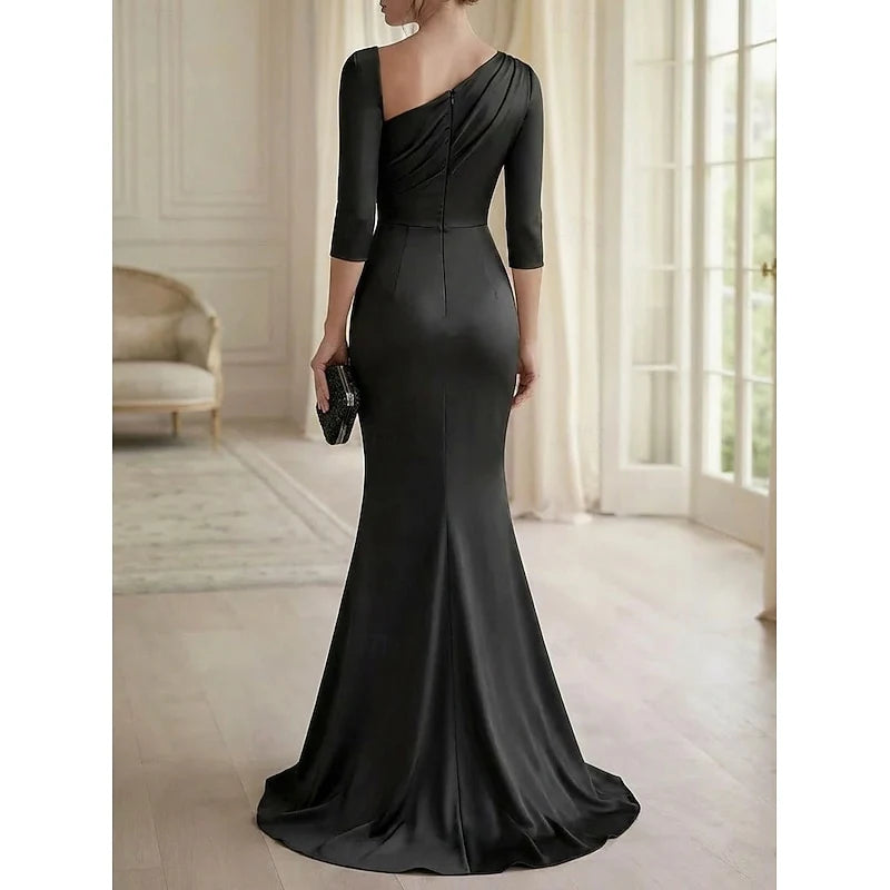 Elegant Mermaid One-Shoulder Draped Black Floor-Length Evening Dresses Women's Gown