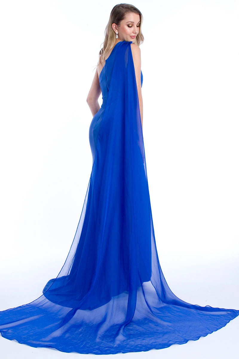 Elegant Mermaid One-Shoulder Draped Royal Blue Floor-Length Prom Gown