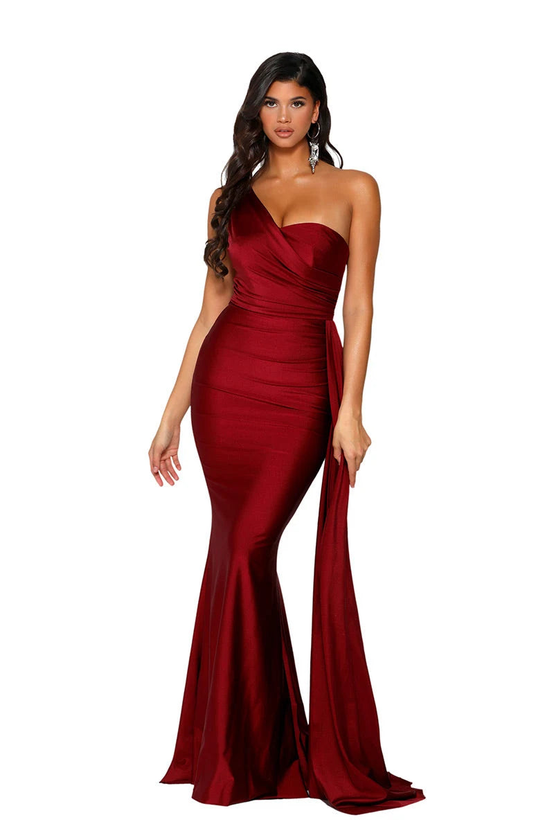 Elegant Mermaid One-Shoulder Draped Ruched Burgundy Floor-Length Prom Dress