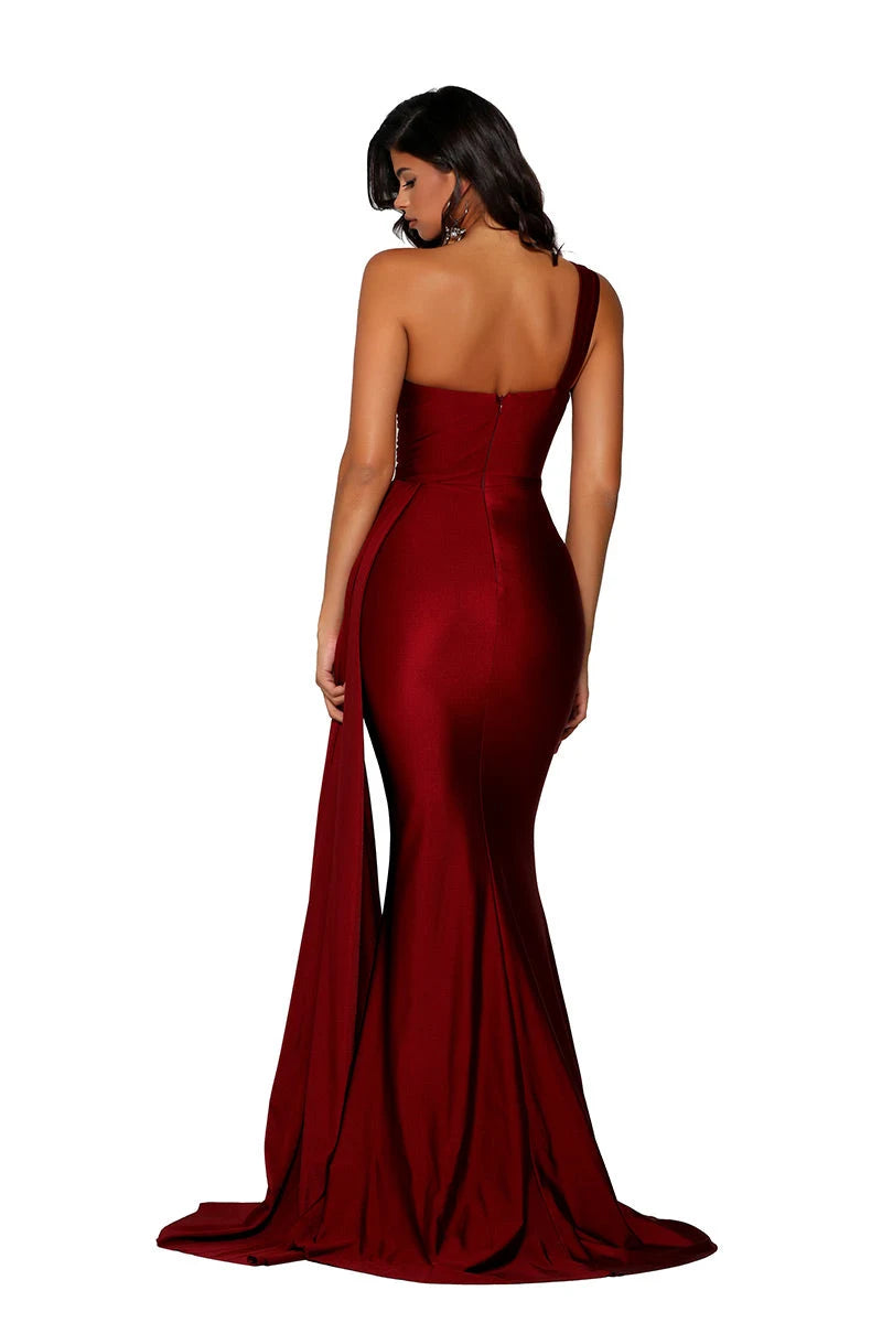 Elegant Mermaid One-Shoulder Draped Ruched Burgundy Floor-Length Prom Dress