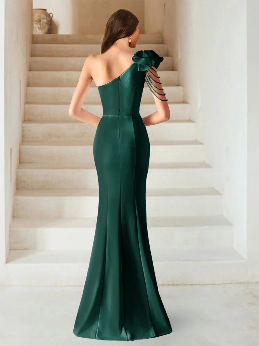 Elegant Mermaid One-Shoulder Floral Beaded Dark Green Floor-Length Prom Dresses Women's Gown