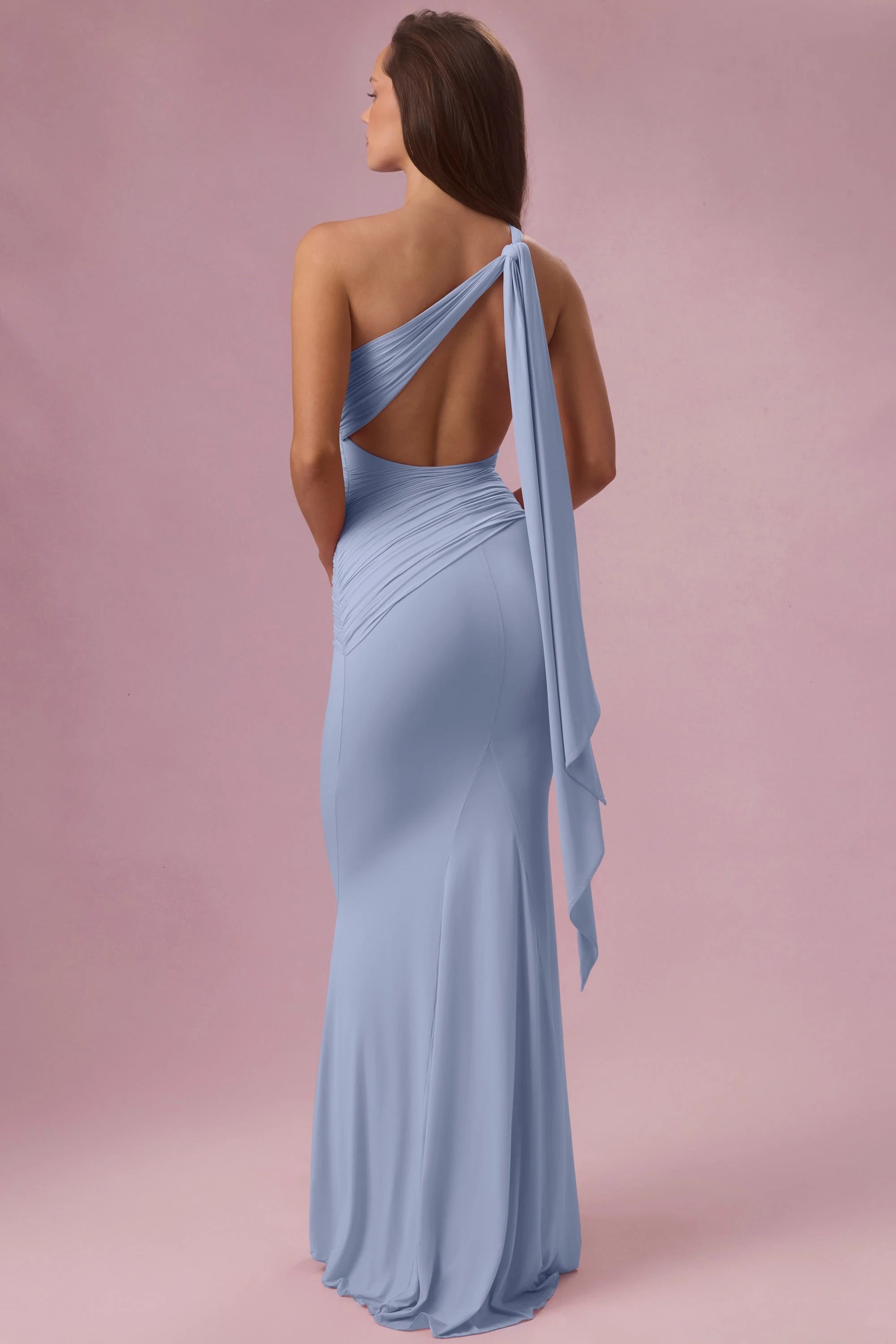 Elegant Mermaid One-Shoulder Ruched Backless Dusty Blue Floor-Length Prom Gown