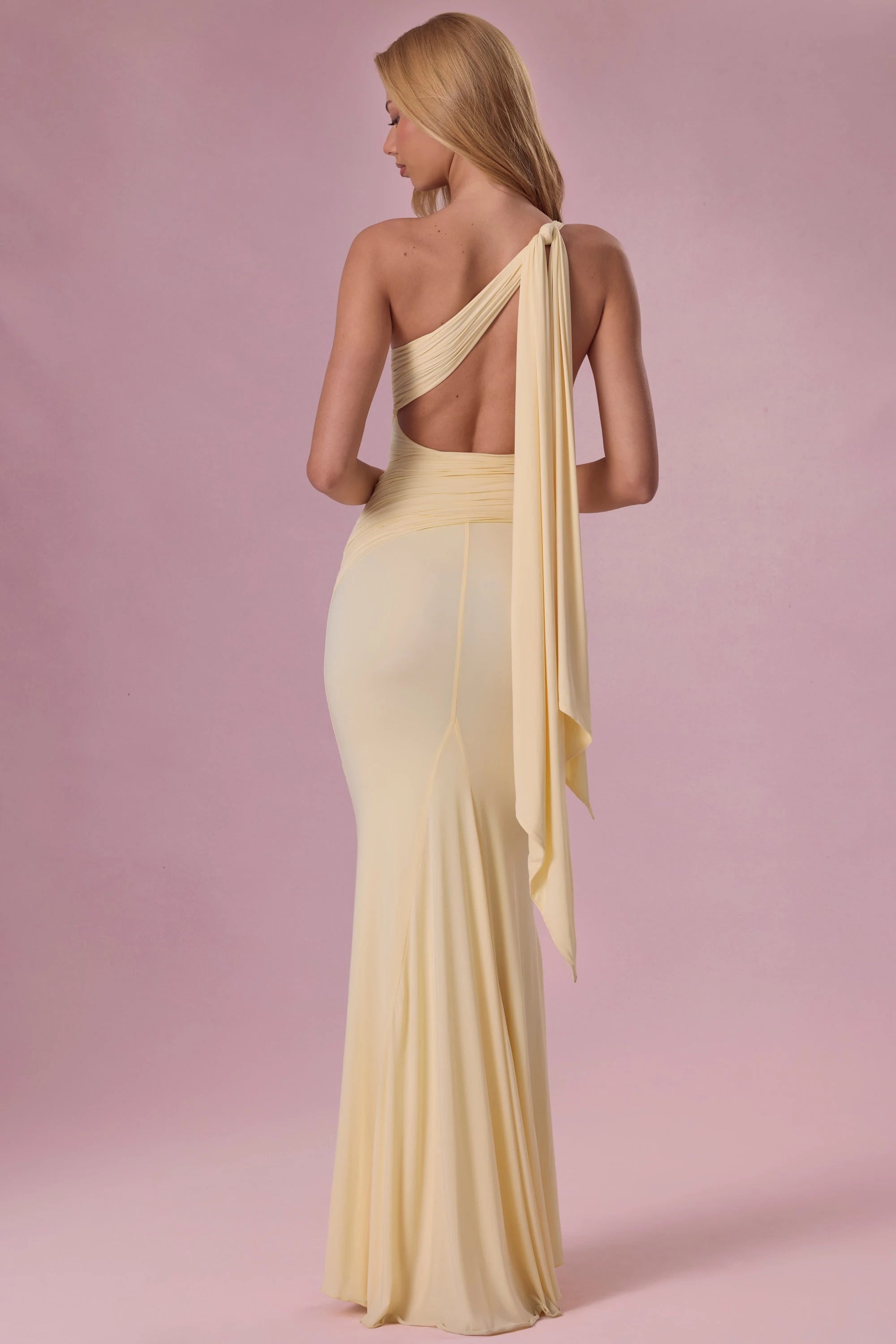 Elegant Mermaid One-Shoulder Ruched Backless Pale Yellow Floor-Length Prom Gown