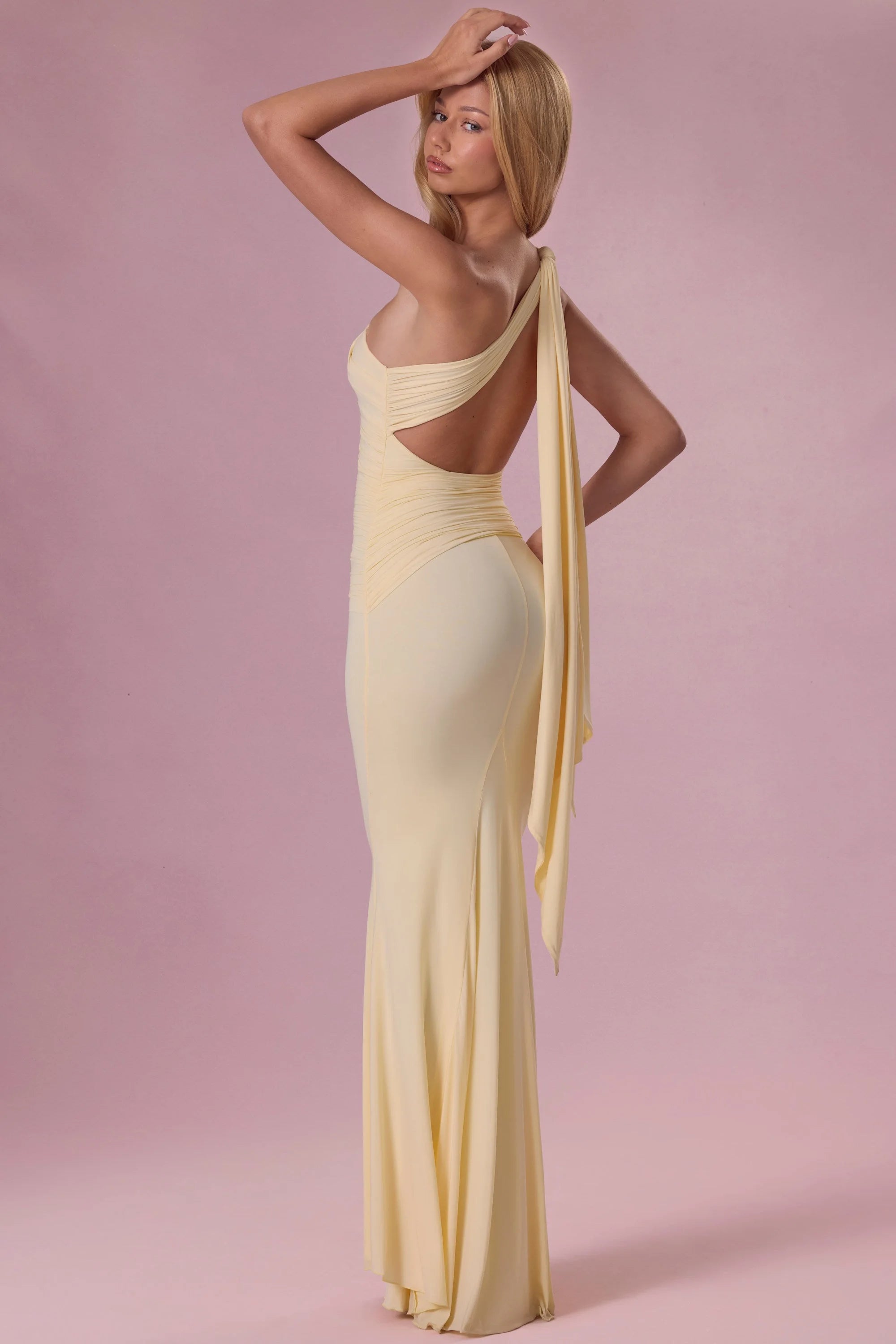 Elegant Mermaid One-Shoulder Ruched Backless Pale Yellow Floor-Length Prom Gown