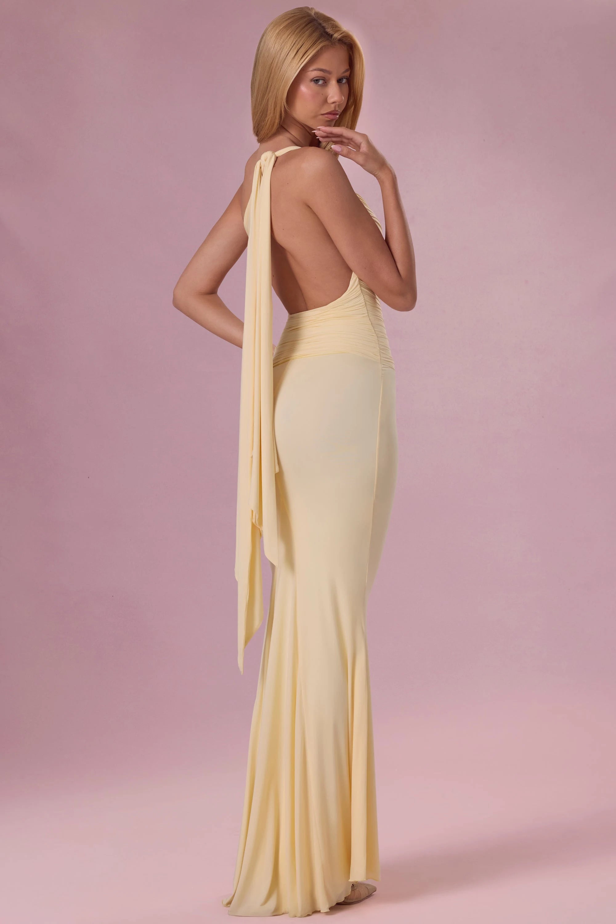 Elegant Mermaid One-Shoulder Ruched Backless Pale Yellow Floor-Length Prom Gown