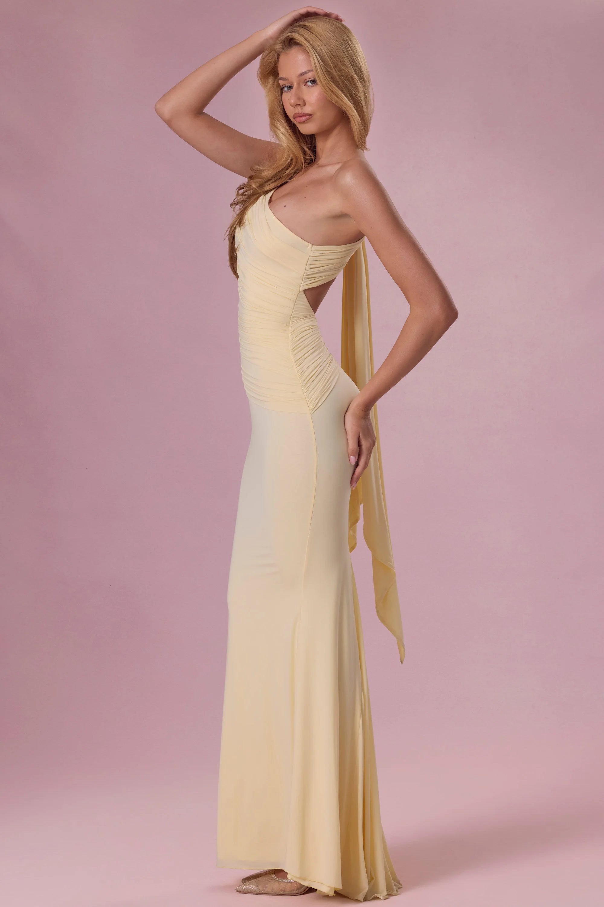 Elegant Mermaid One-Shoulder Ruched Backless Pale Yellow Floor-Length Prom Gown