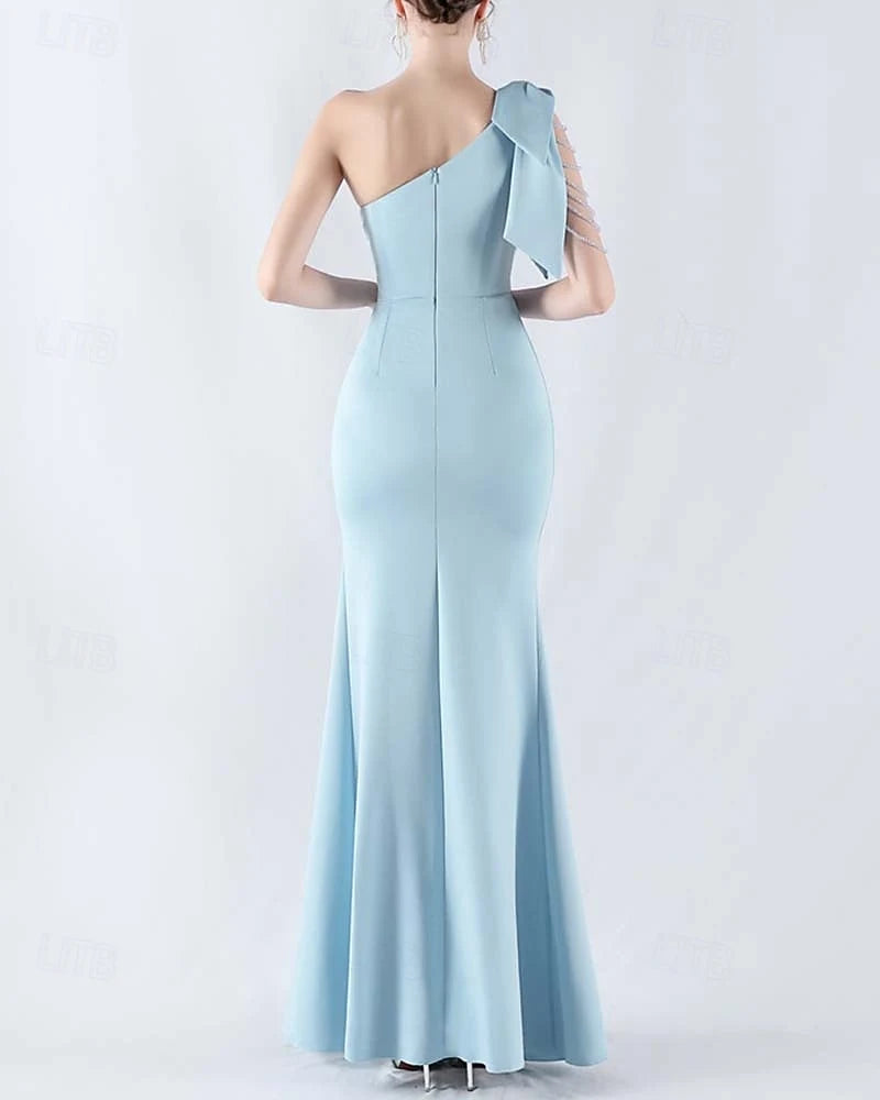 Elegant Mermaid One-Shoulder Ruched Bow Sky Blue Floor-Length Prom Women's Gown