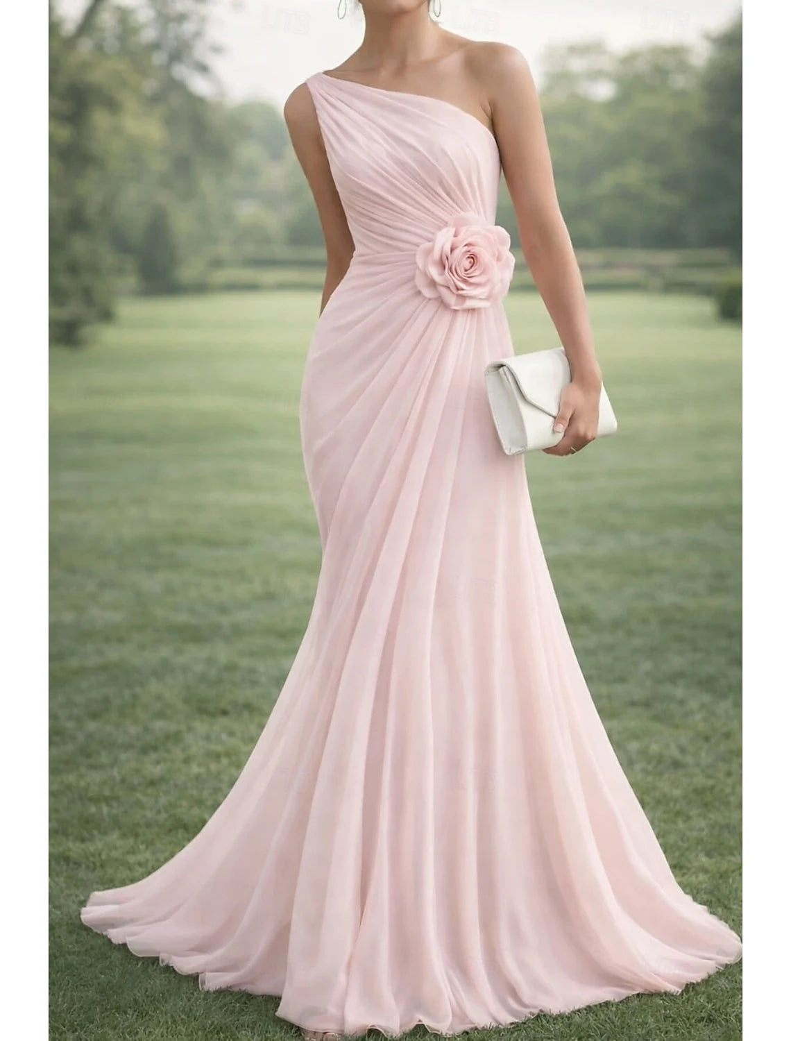 Elegant Mermaid One-Shoulder Ruched Floral Blush Pink Floor-Length Evening Gown
