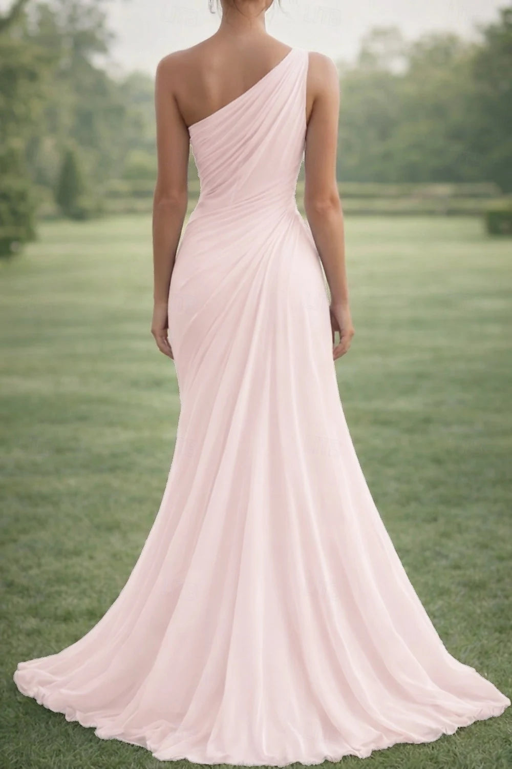 Elegant Mermaid One-Shoulder Ruched Floral Blush Pink Floor-Length Evening Gown