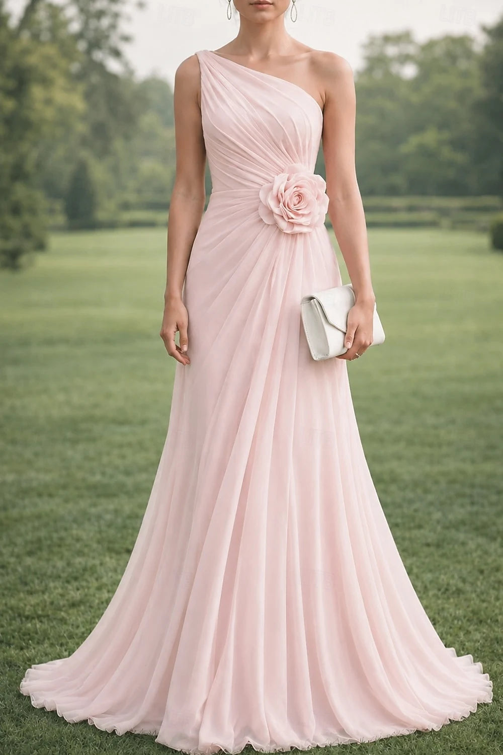 Elegant Mermaid One-Shoulder Ruched Floral Blush Pink Floor-Length Evening Gown