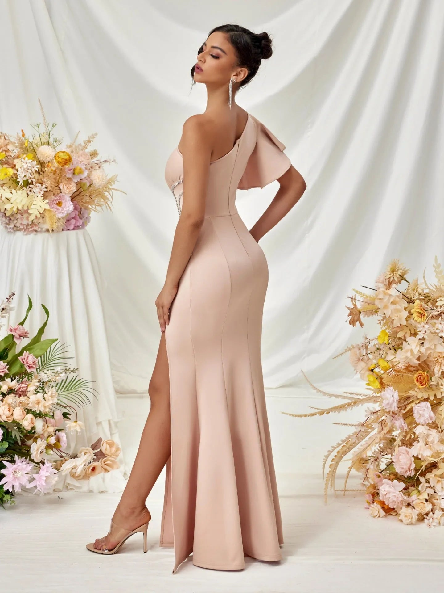 Elegant Mermaid One-Shoulder Ruched Rhinestone Blush Pink Floor-Length Prom Dresses Women's Gown