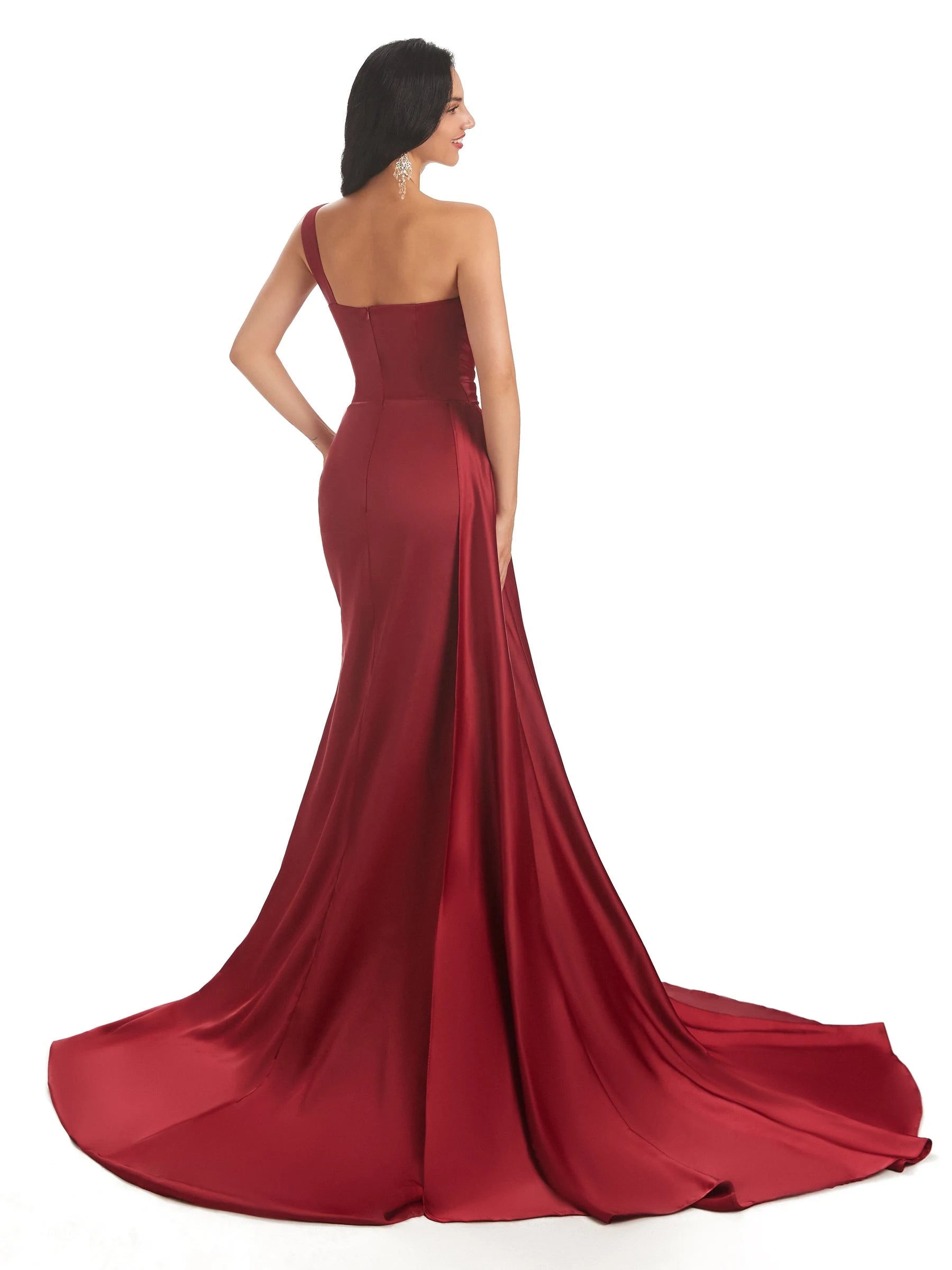 Elegant Mermaid One-Shoulder Ruched Slit Burgundy Long Prom Dresses Gown