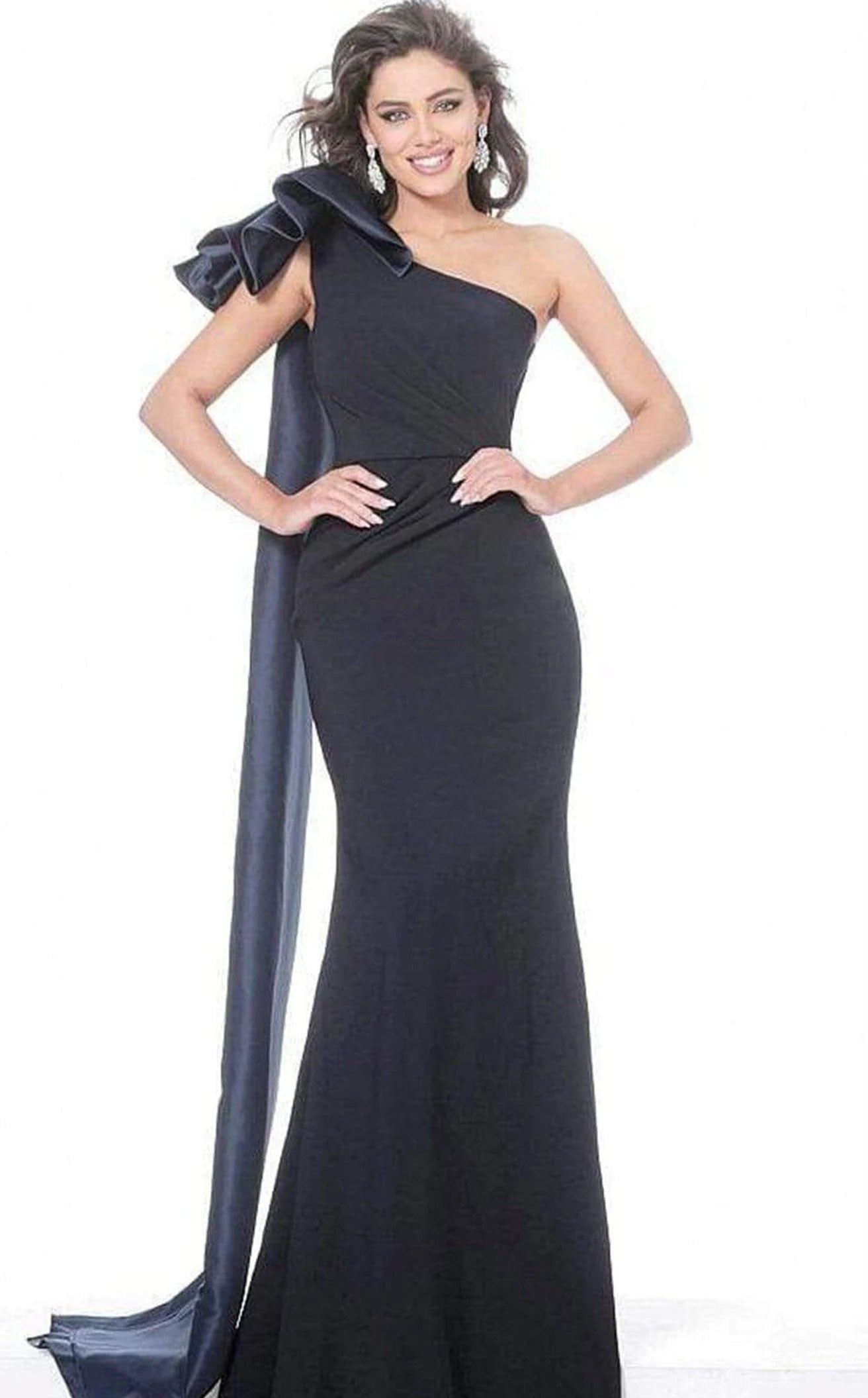 Elegant Mermaid One-Shoulder Ruffled Glamorous Navy Floor-Length Prom Gown