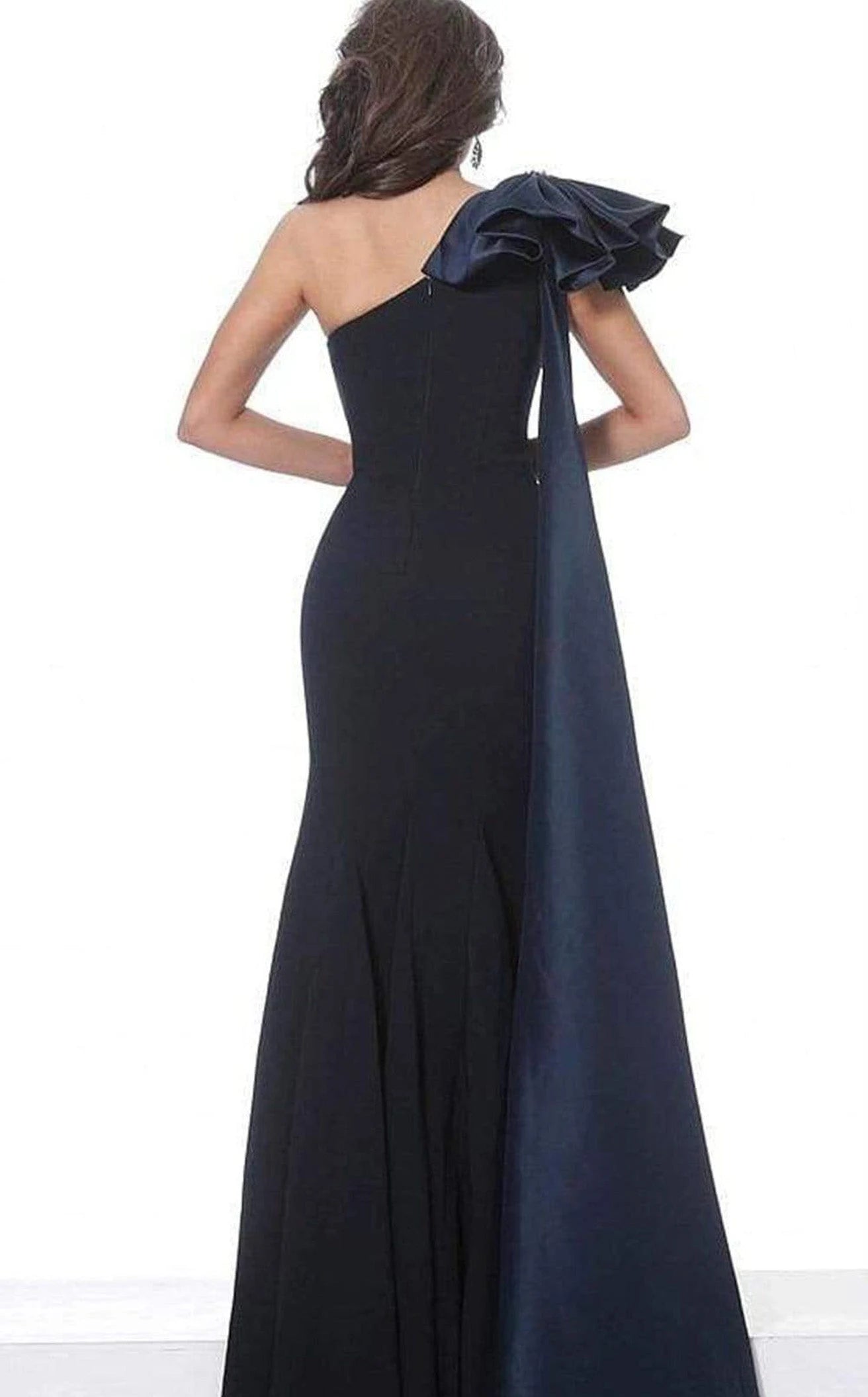 Elegant Mermaid One-Shoulder Ruffled Glamorous Navy Floor-Length Prom Gown