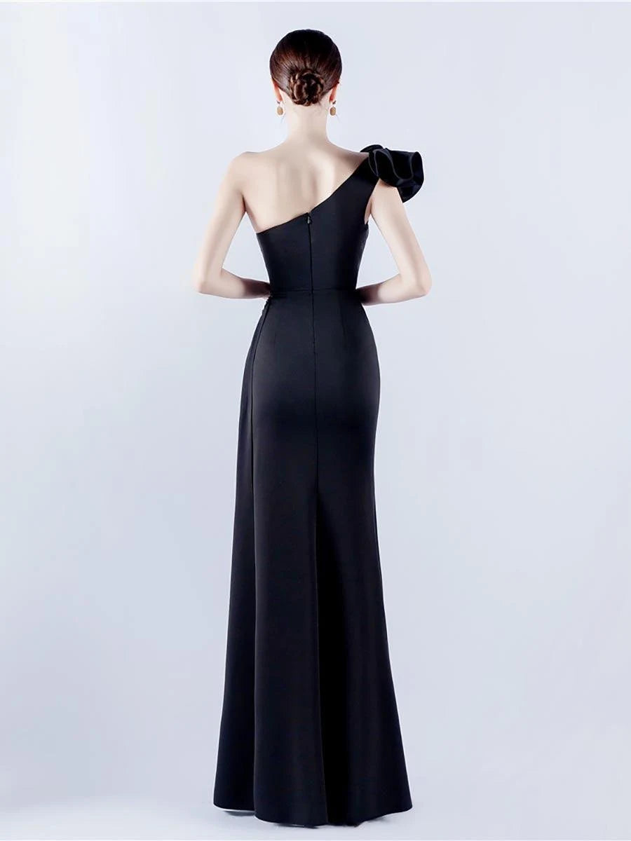 Elegant Mermaid One-Shoulder Ruffled Slit Black Floor-Length Prom Dress Gown