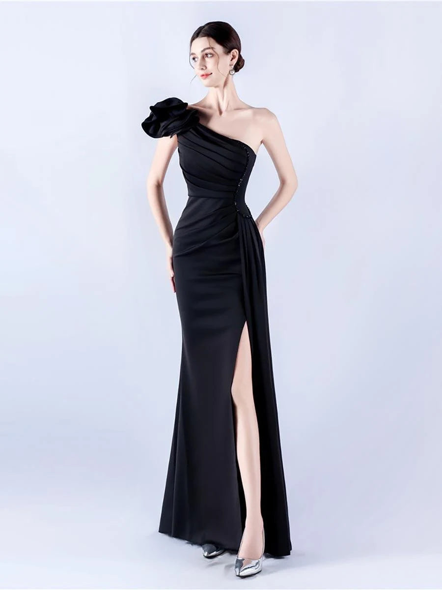 Elegant Mermaid One-Shoulder Ruffled Slit Black Floor-Length Prom Dress Gown