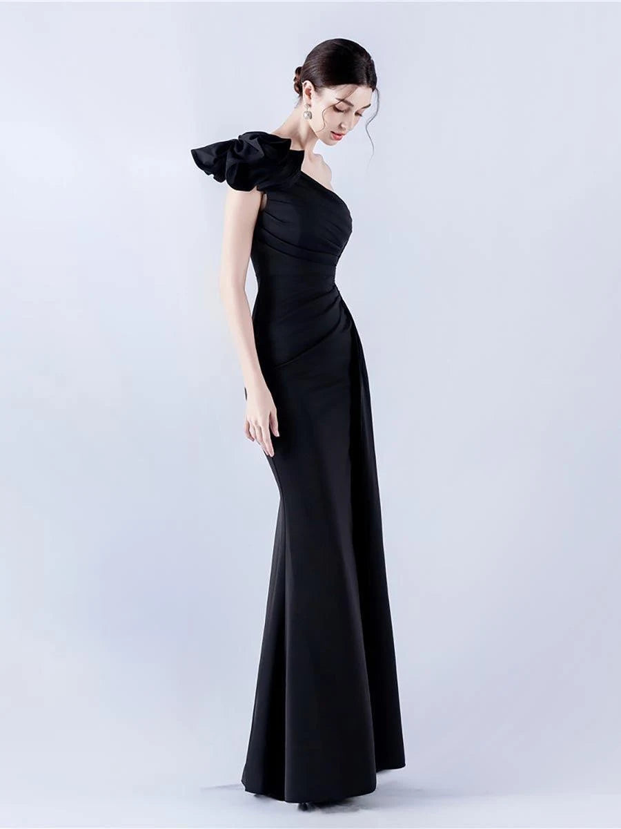 Elegant Mermaid One-Shoulder Ruffled Slit Black Floor-Length Prom Dress Gown