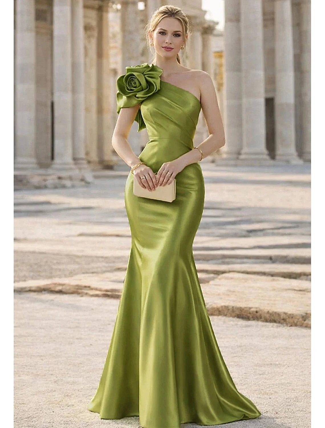 Elegant Mermaid One-Shoulder Sleeveless Floral Olive Green Floor-Length Evening Gown