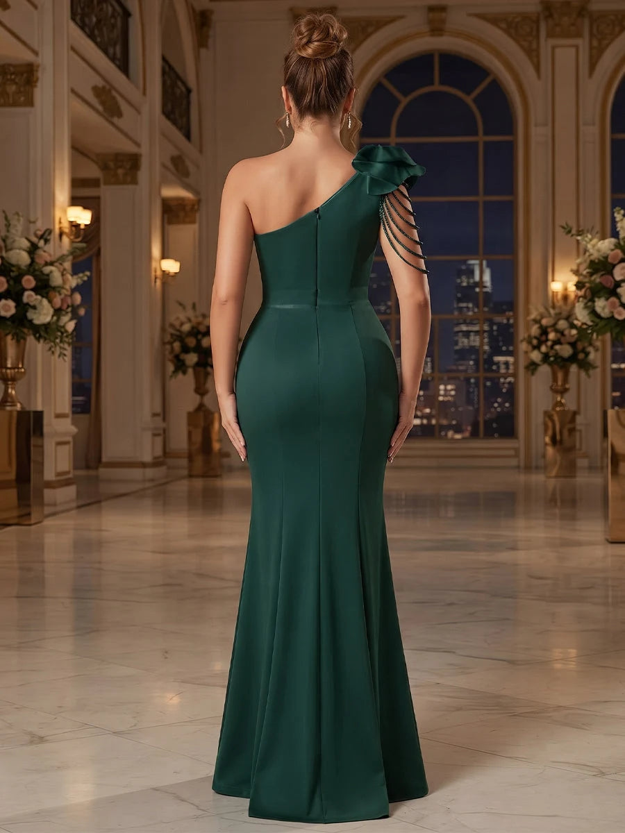 Elegant Mermaid One Shoulder Floral Beaded Dark Green Floor Length Prom Gown