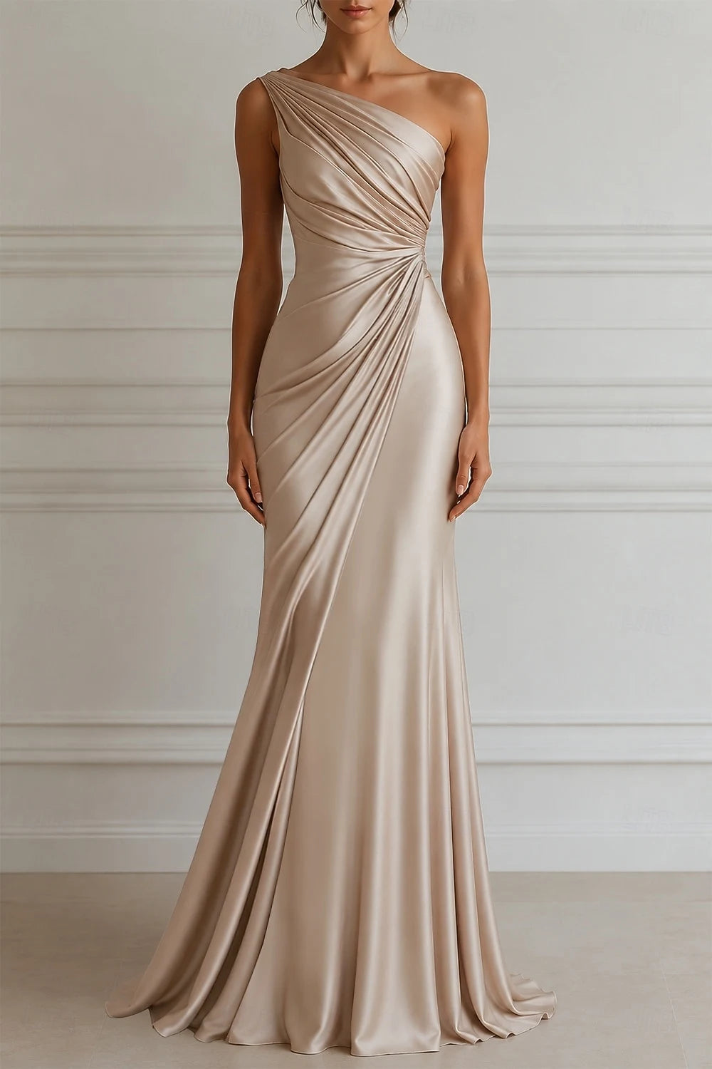 Elegant Mermaid One Shoulder Ruched Draped Champagne Floor-Length Evening Dresses Gown