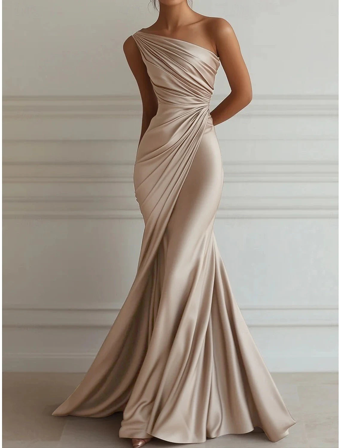 Elegant Mermaid One Shoulder Ruched Draped Champagne Floor-Length Evening Dresses Gown