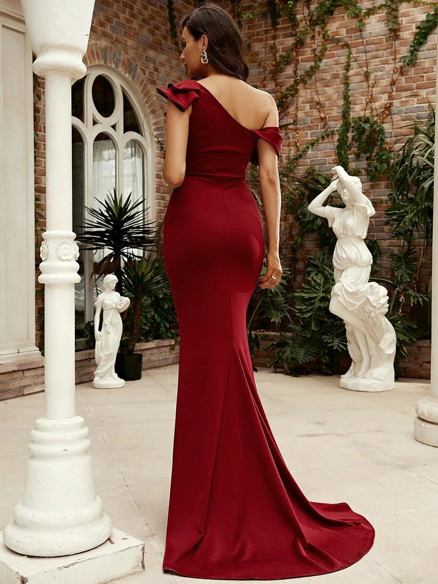 Elegant Mermaid One Shoulder Ruffled Fitted Burgundy Floor-Length Prom Dresses Women's Gown