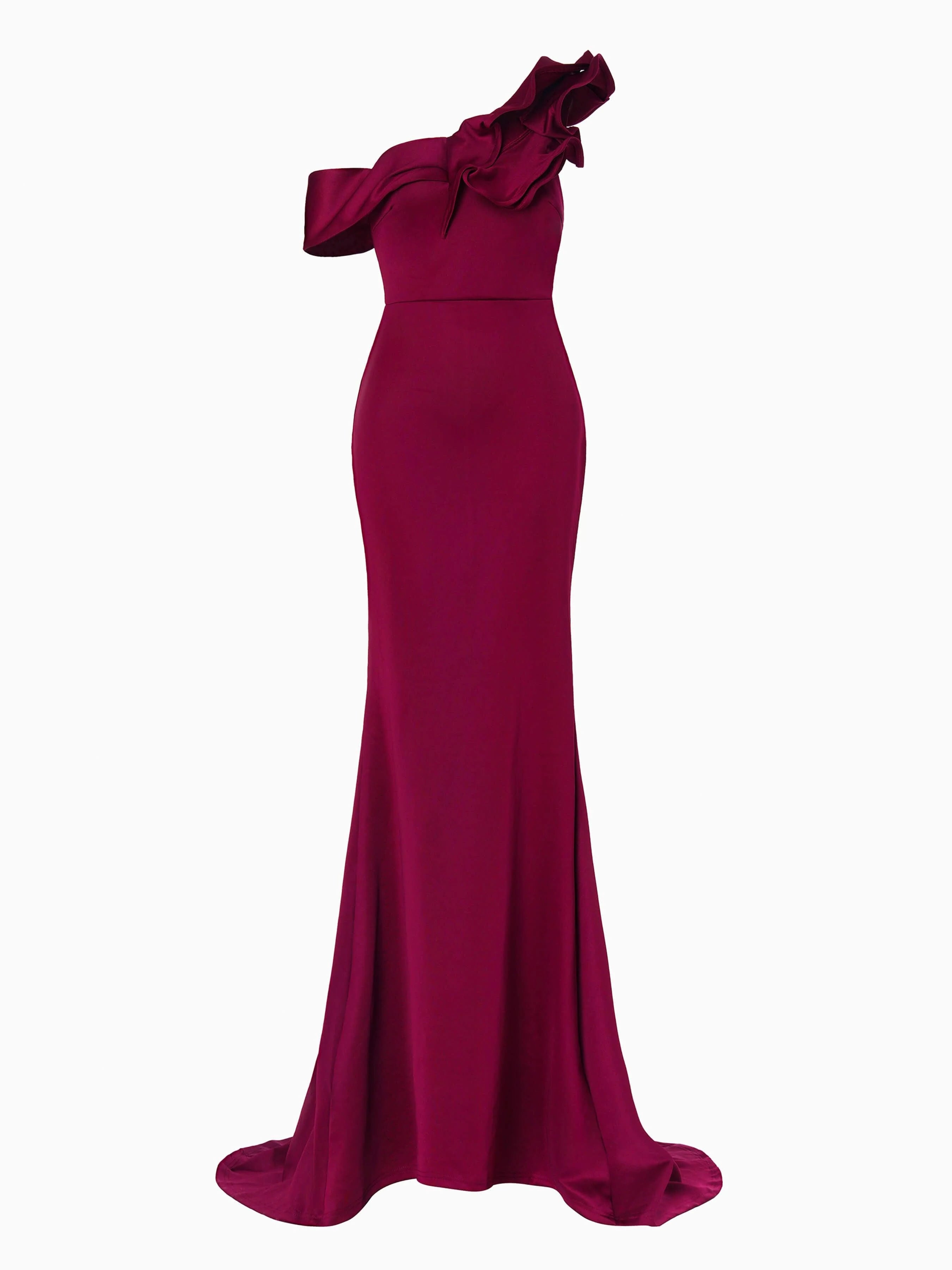 Elegant Mermaid One Shoulder Ruffled Fitted Burgundy Floor-Length Prom Dresses Women's Gown