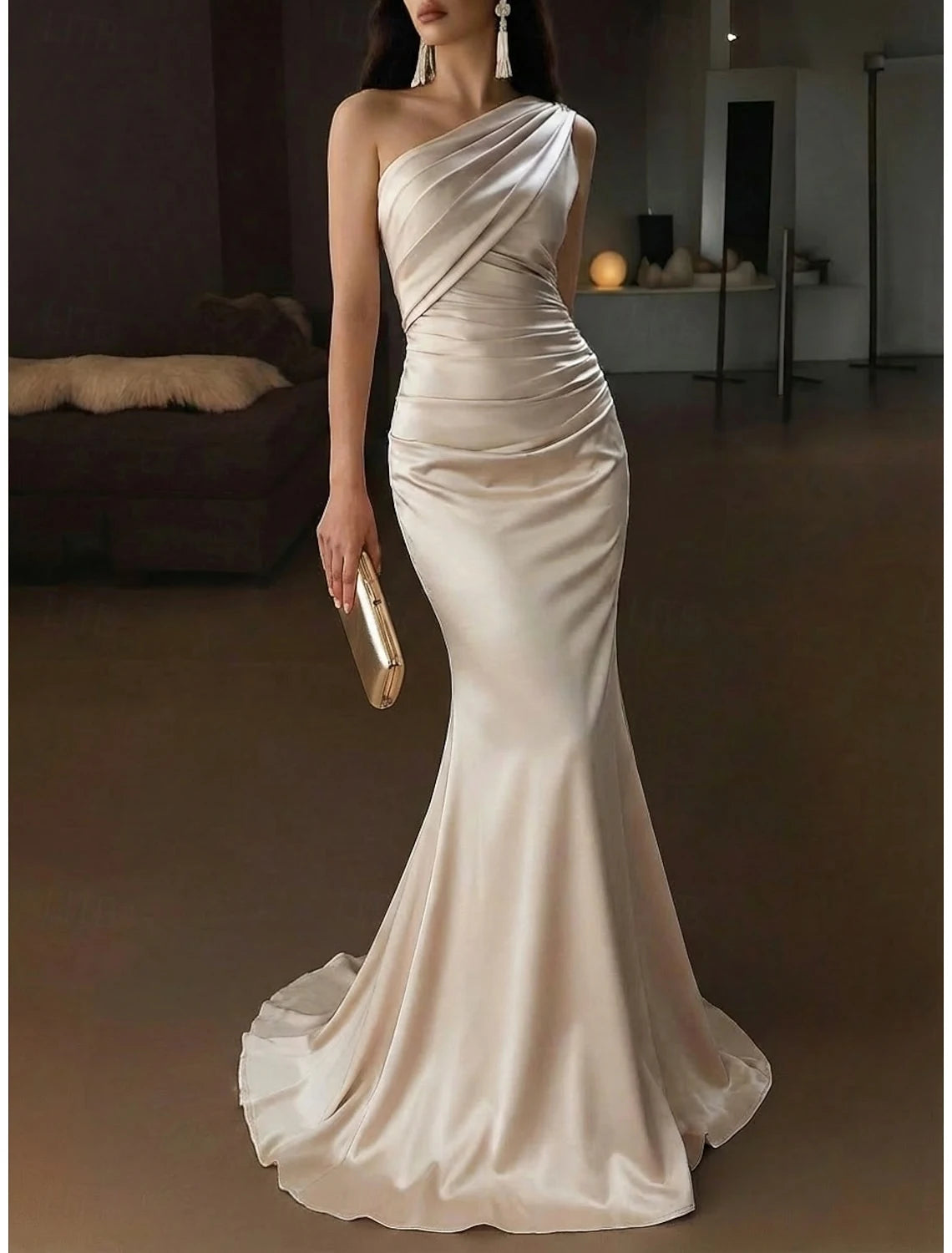 Elegant Mermaid One Shoulder Sleeveless Draped Ruched Champagne Floor-Length Evening Dresses Women's Gown