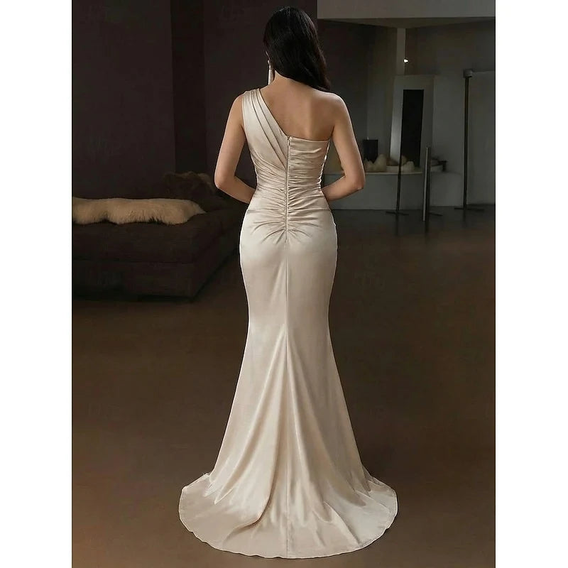 Elegant Mermaid One Shoulder Sleeveless Draped Ruched Champagne Floor-Length Evening Dresses Women's Gown