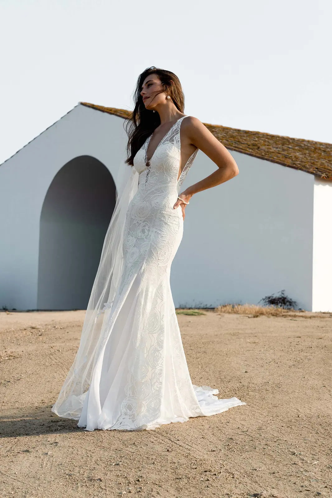 Elegant Mermaid Plunge V-Neck Sleeveless Lace White Floor-Length Wedding Gown