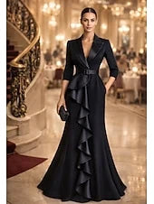 Elegant Mermaid Shawl Lapel V-Neck Three-Quarter Sleeve Ruffled Black Floor-Length Prom Dress