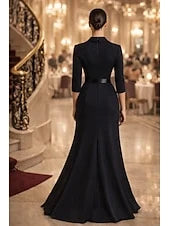 Elegant Mermaid Shawl Lapel V-Neck Three-Quarter Sleeve Ruffled Black Floor-Length Prom Dress