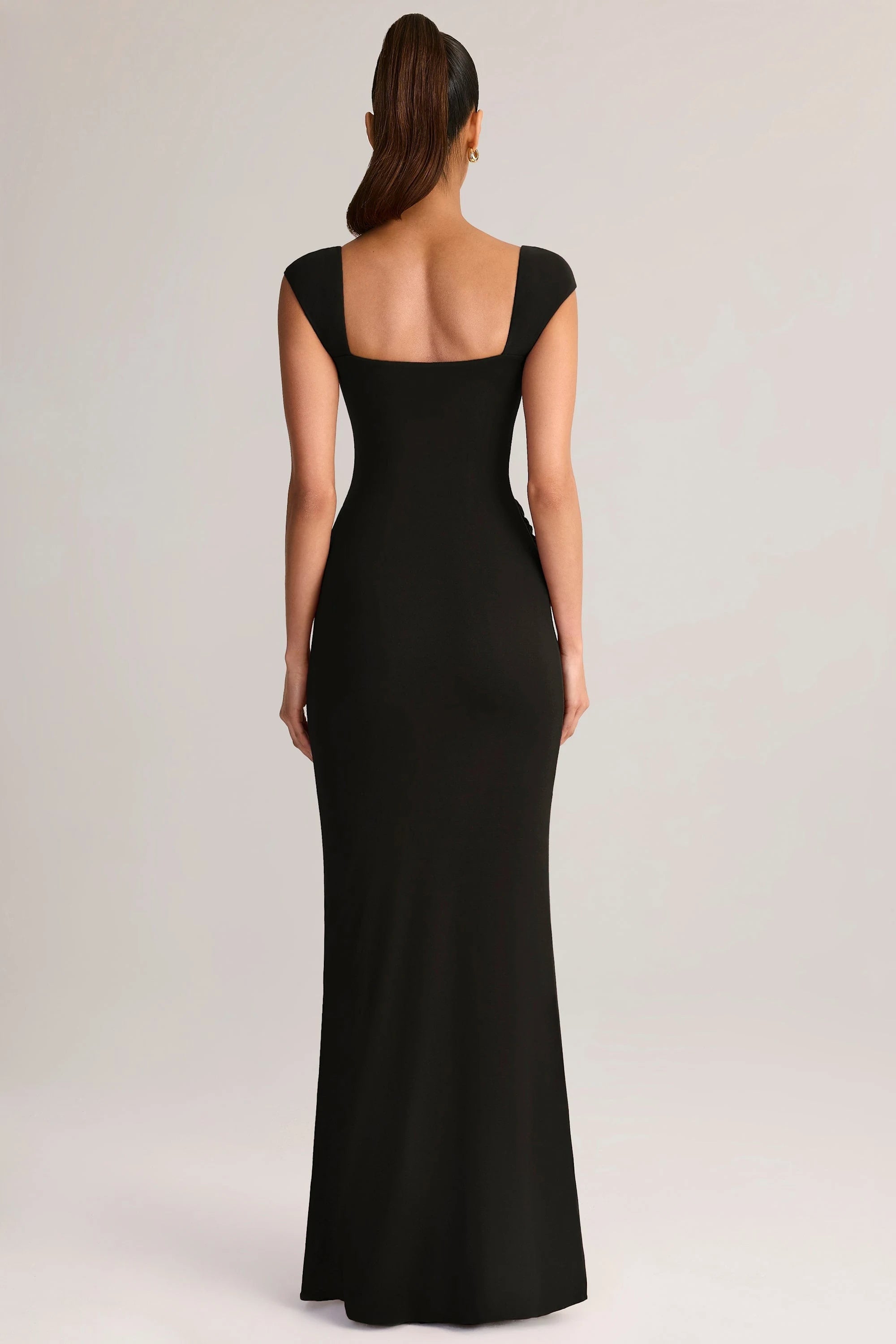 Elegant Mermaid Square Neck Cap Sleeves Ruched Slit Black Floor-Length Prom Gown