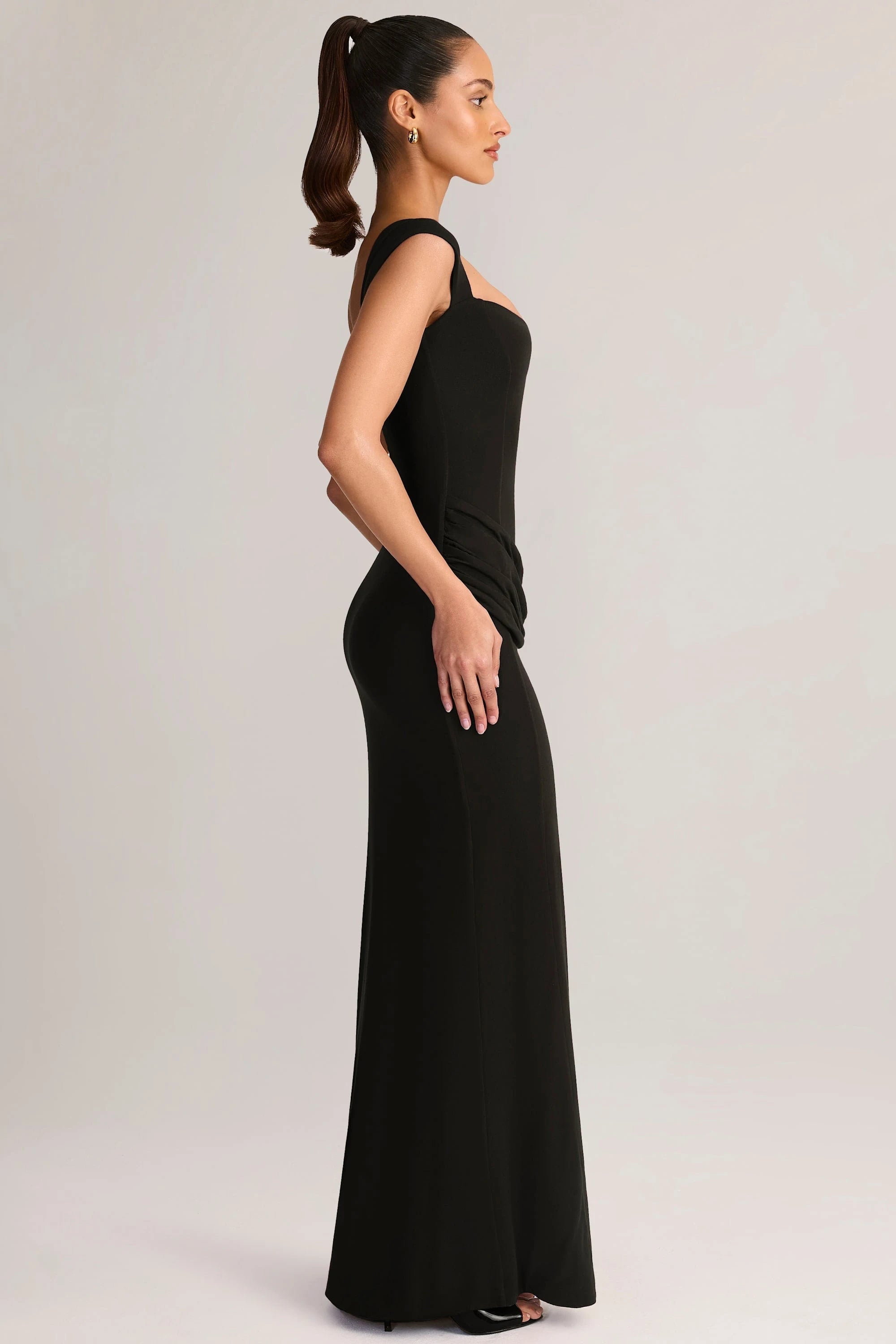 Elegant Mermaid Square Neck Cap Sleeves Ruched Slit Black Floor-Length Prom Gown