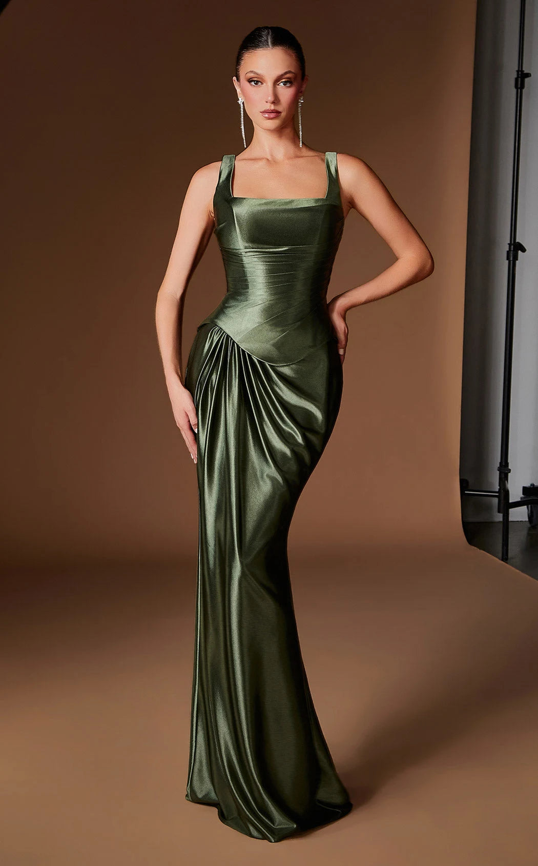 Elegant Mermaid Square Neck Sleeveless Draped Shimmering Olive Green Floor-Length Prom Dress