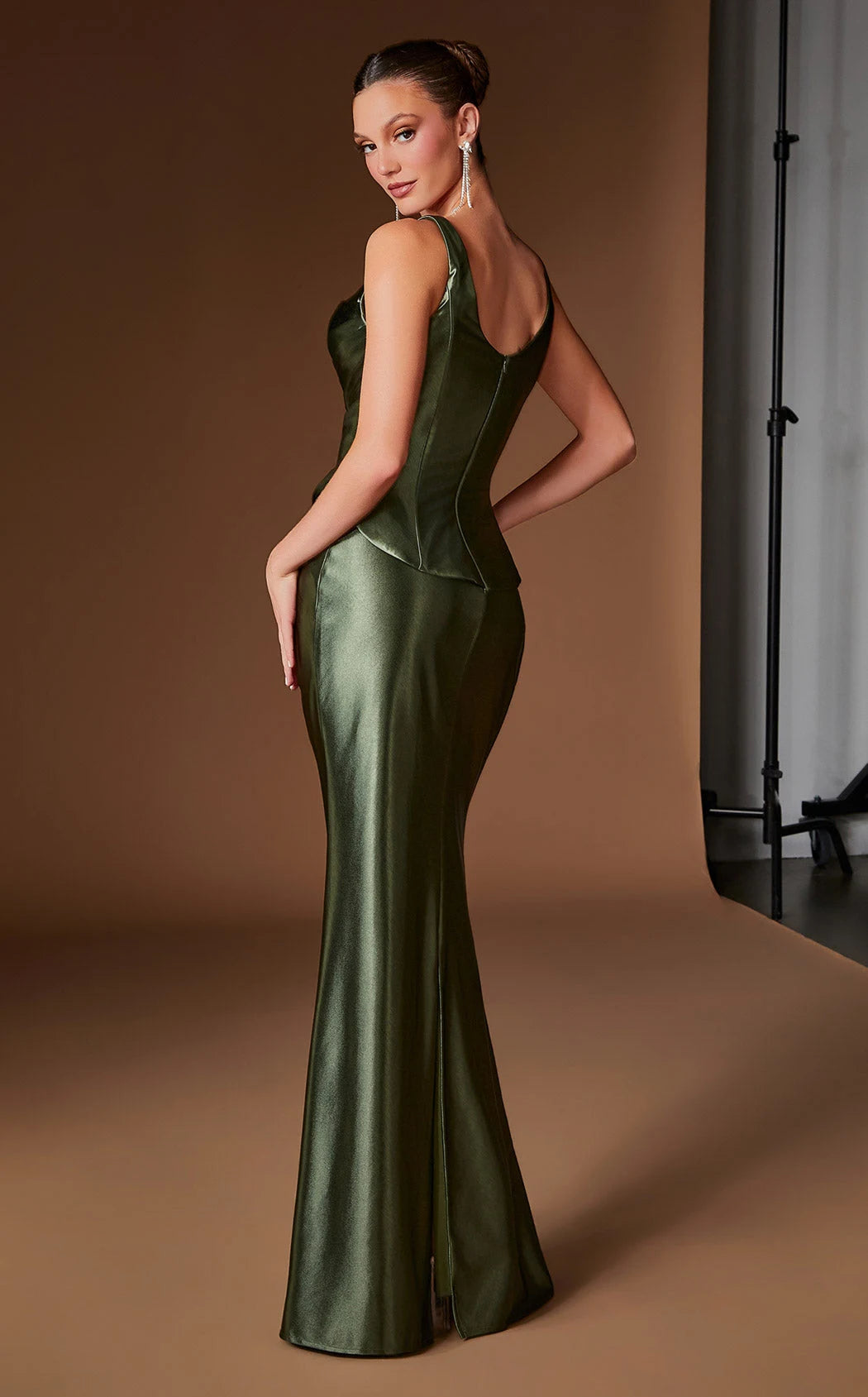 Elegant Mermaid Square Neck Sleeveless Draped Shimmering Olive Green Floor-Length Prom Dress