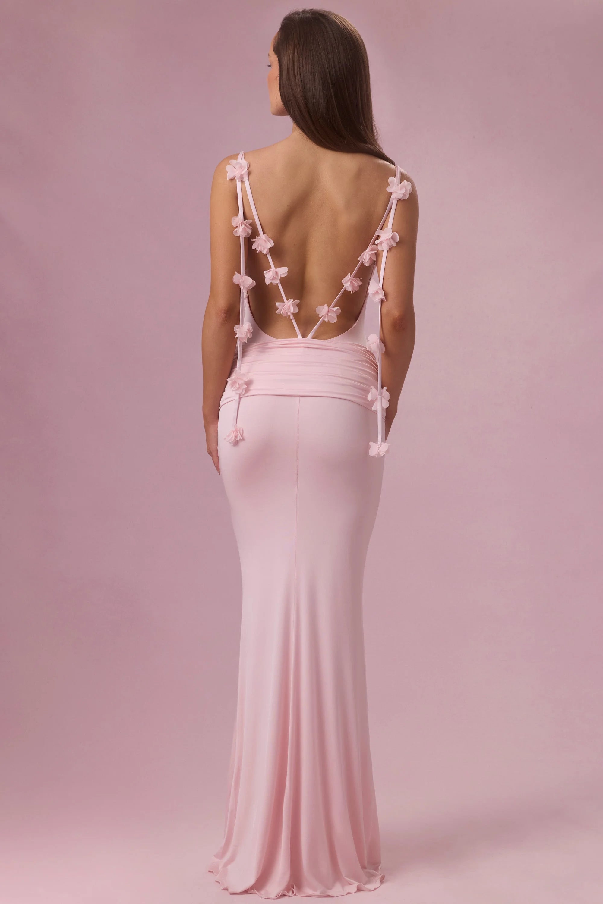 Elegant Mermaid Square Neck Sleeveless Ruched Floral Back Pink Floor-Length Prom Gown