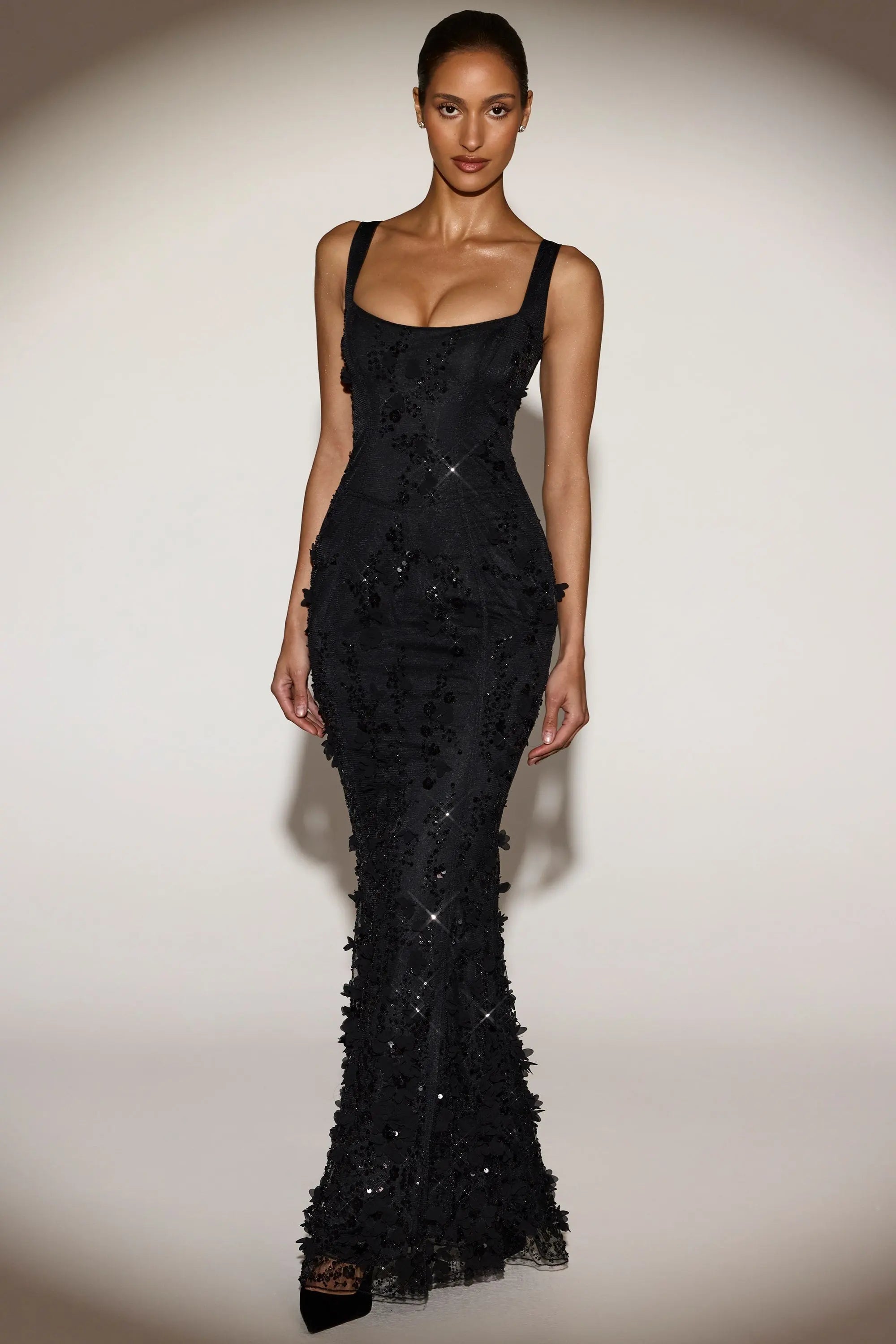 Elegant Mermaid Square Neck Sleeveless Sequin Black Floor-Length Prom Dress