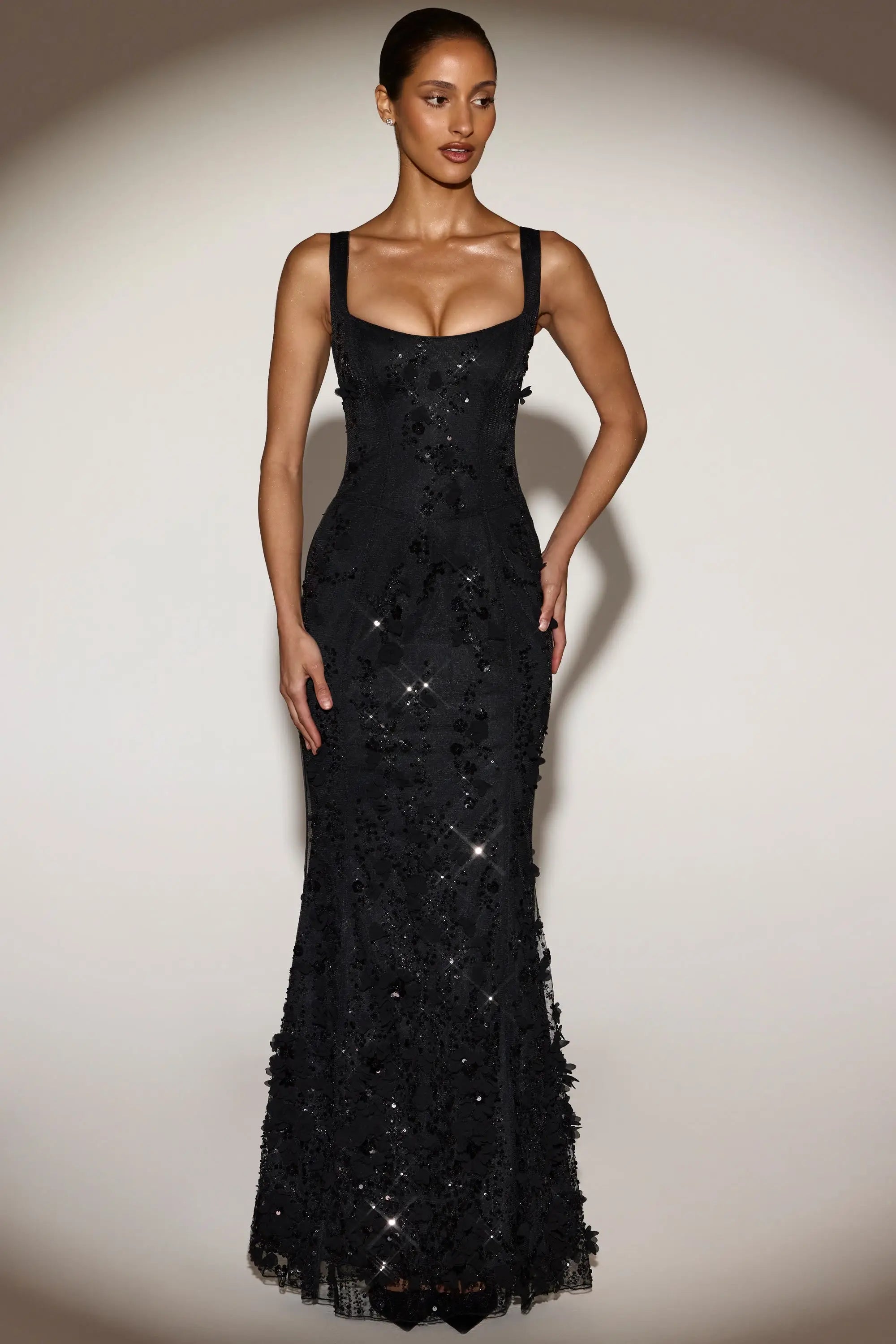 Elegant Mermaid Square Neck Sleeveless Sequin Black Floor-Length Prom Dress