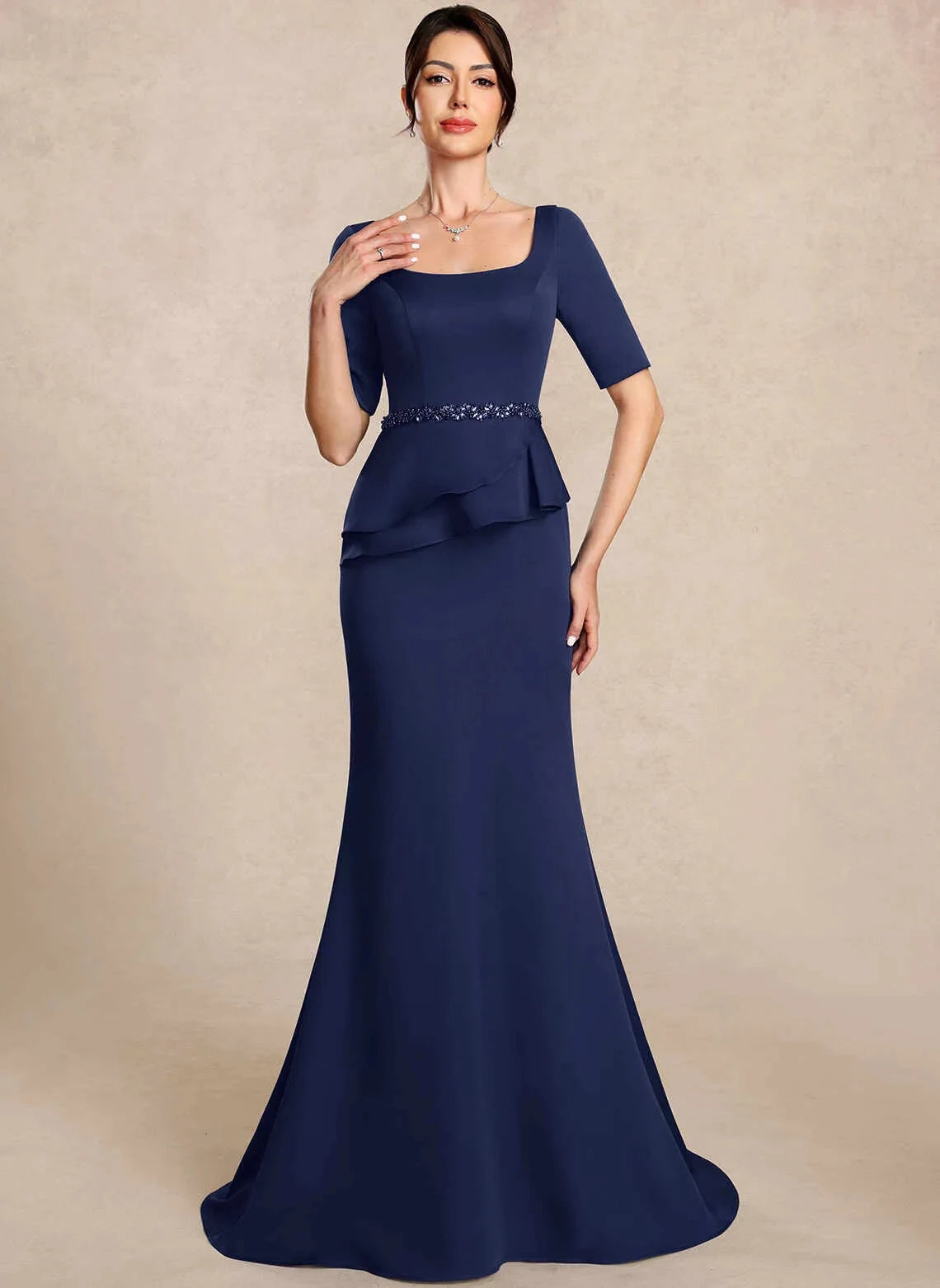 Elegant Mermaid Square Sleeved Beaded Navy Mother Of The Bride Dress