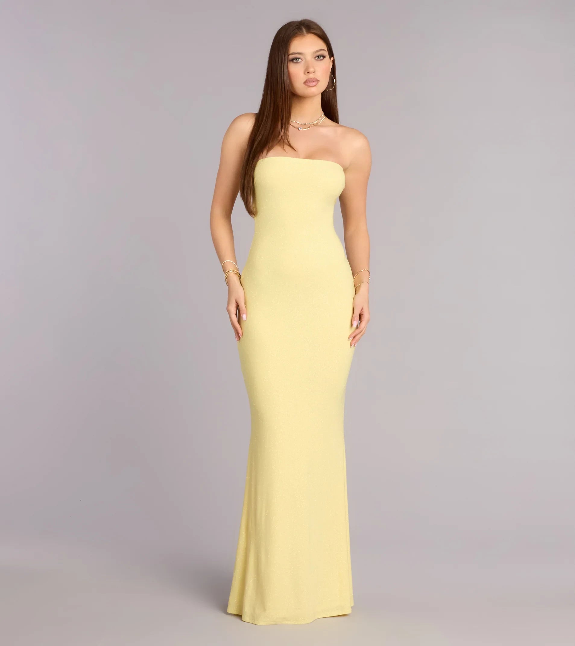 Elegant Mermaid Strapless Backless Glittering Pale Yellow Floor-Length Prom Dress
