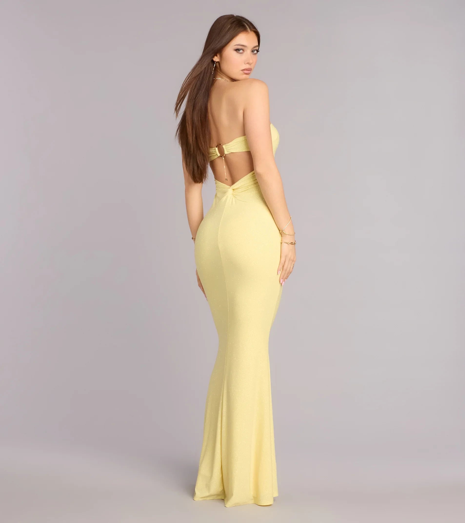 Elegant Mermaid Strapless Backless Glittering Pale Yellow Floor-Length Prom Dress