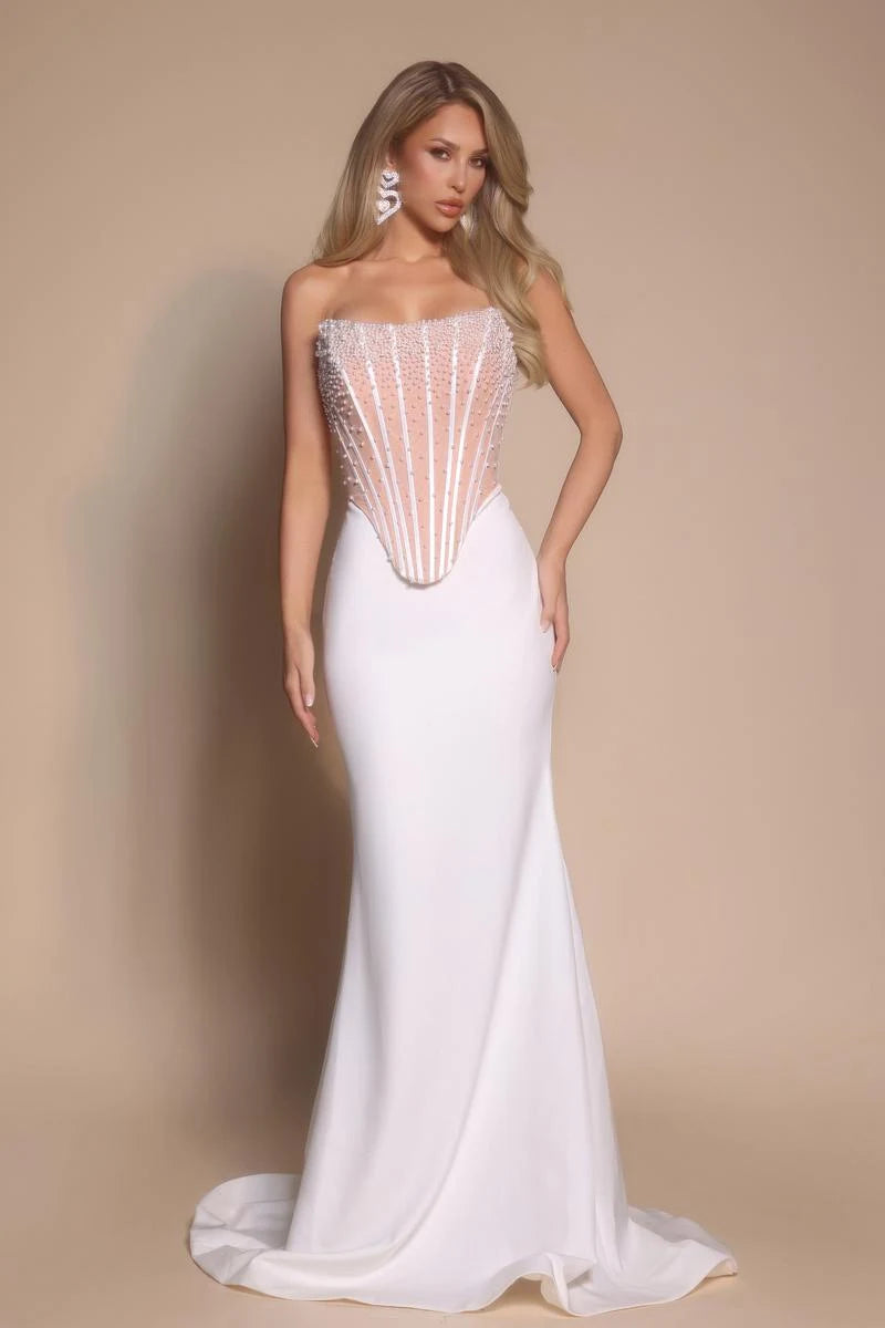 Elegant Mermaid Strapless Beaded Corset White Floor-Length Prom Dresses Gown