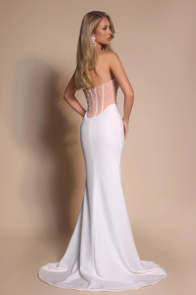 Elegant Mermaid Strapless Beaded Corset White Floor-Length Prom Dresses Gown