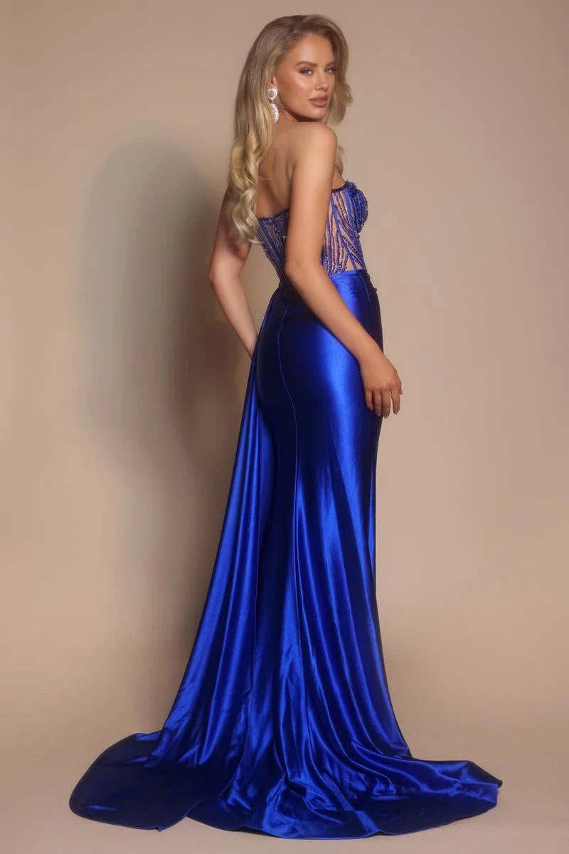 Elegant Mermaid Strapless Beaded Draped Royal Blue Floor-Length Prom Dress Gown