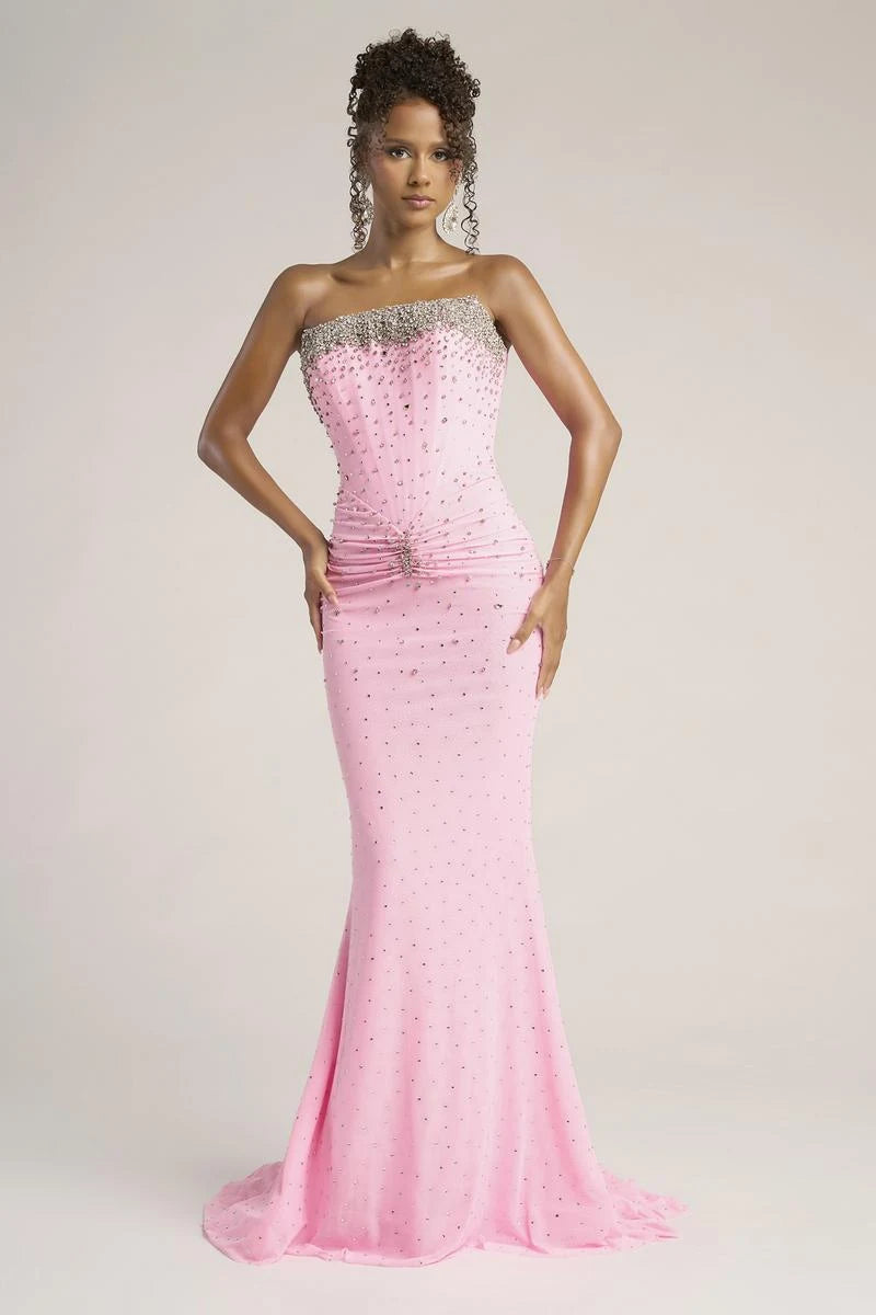 Elegant Mermaid Strapless Beaded Ruched Pink Floor-Length Prom Dress Gown