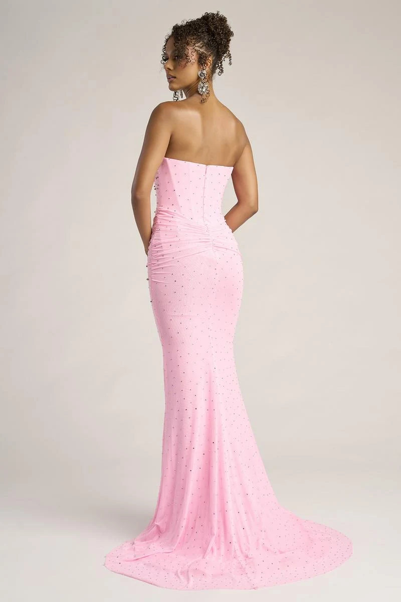 Elegant Mermaid Strapless Beaded Ruched Pink Floor-Length Prom Dress Gown
